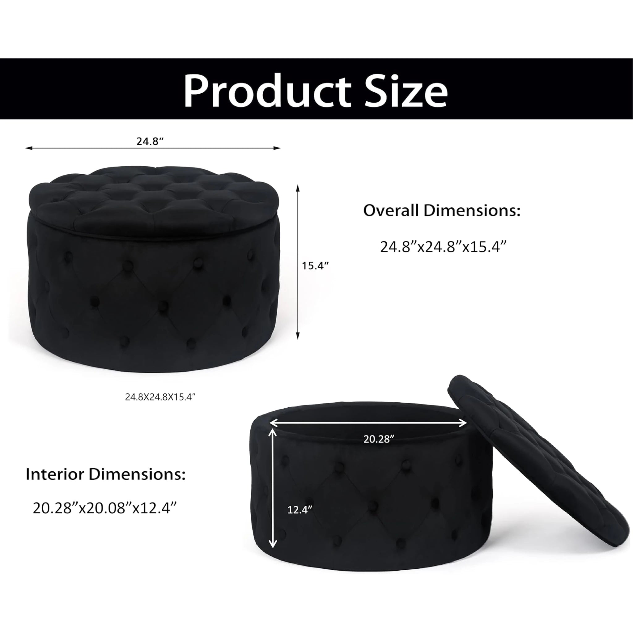 Homebeez Black Small Tufted Velvet Round Storage Ottoman - Black-small – dimensions chart