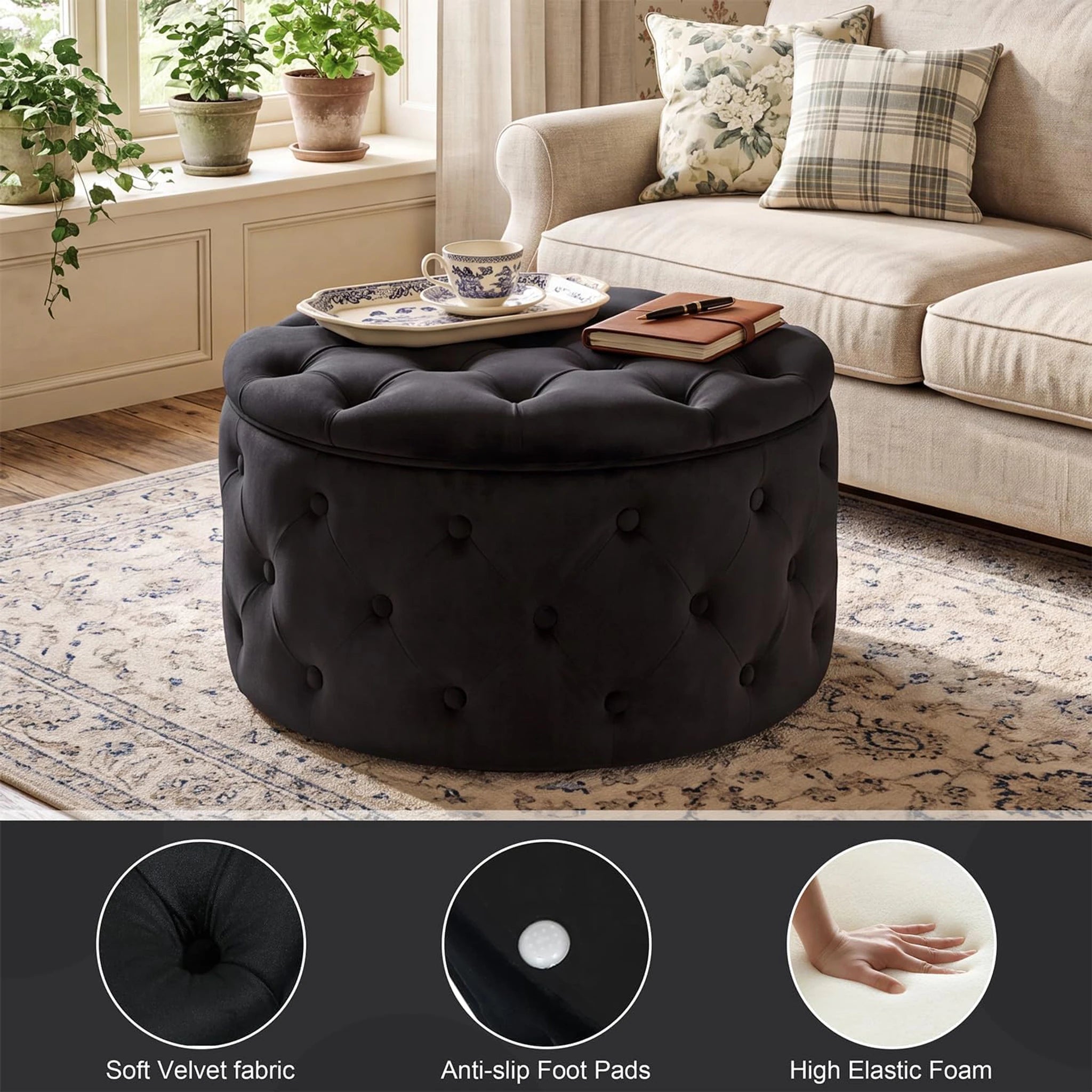 Homebeez Black Small Tufted Velvet Round Storage Ottoman - Black-small – detail and materials view