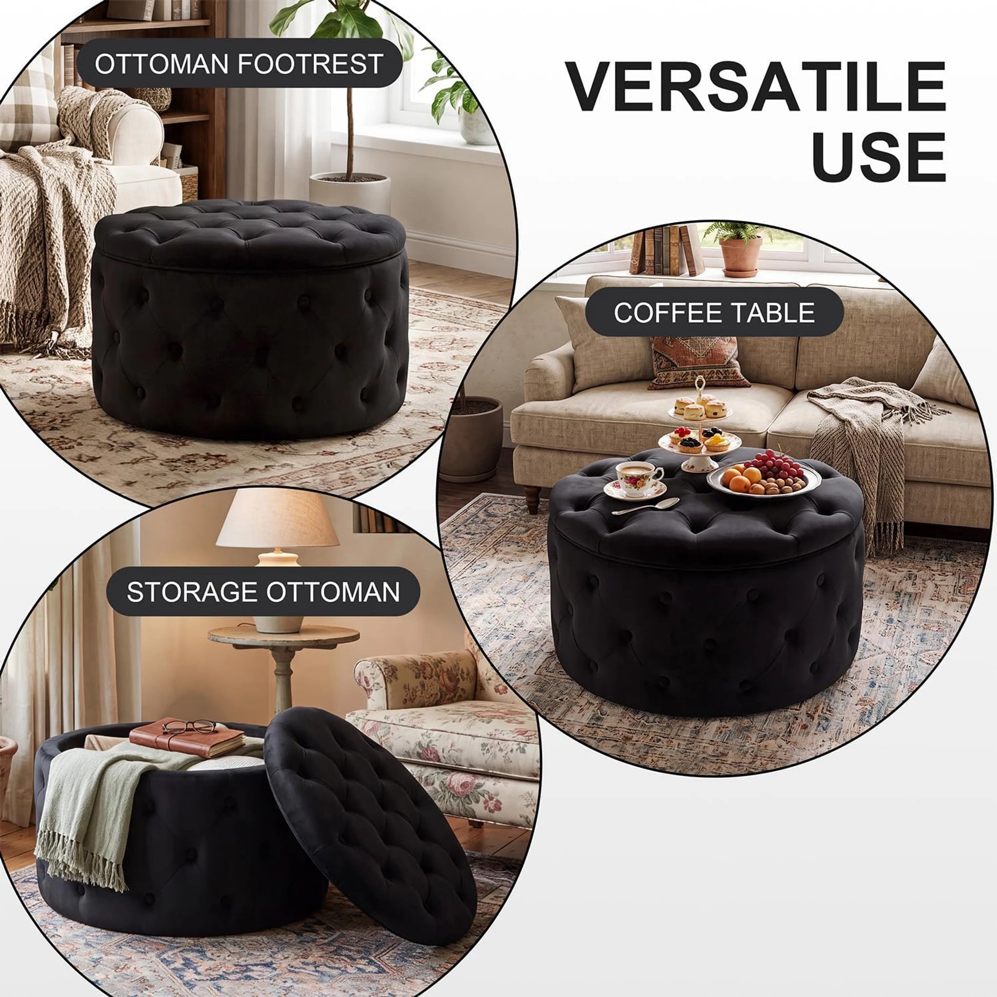 Homebeez Black Small Tufted Velvet Round Storage Ottoman - Black-small – lifestyle room view
