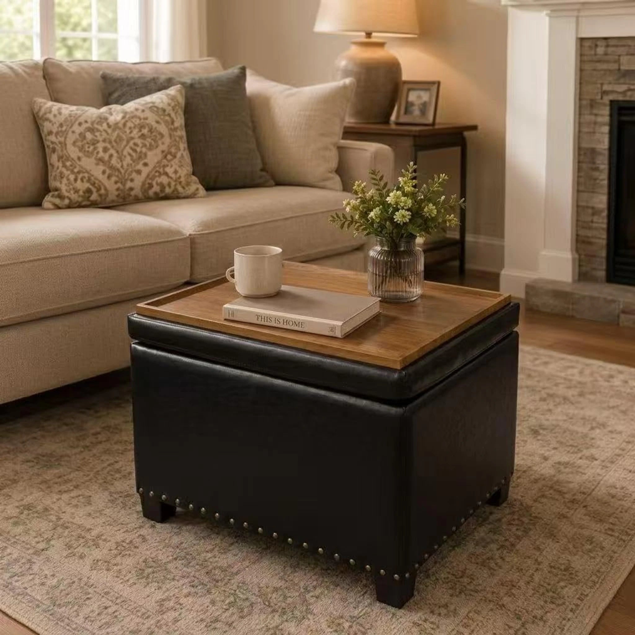Homebeez Black Tray-Top Tufted Faux Leather Storage Ottoman – styled home scene