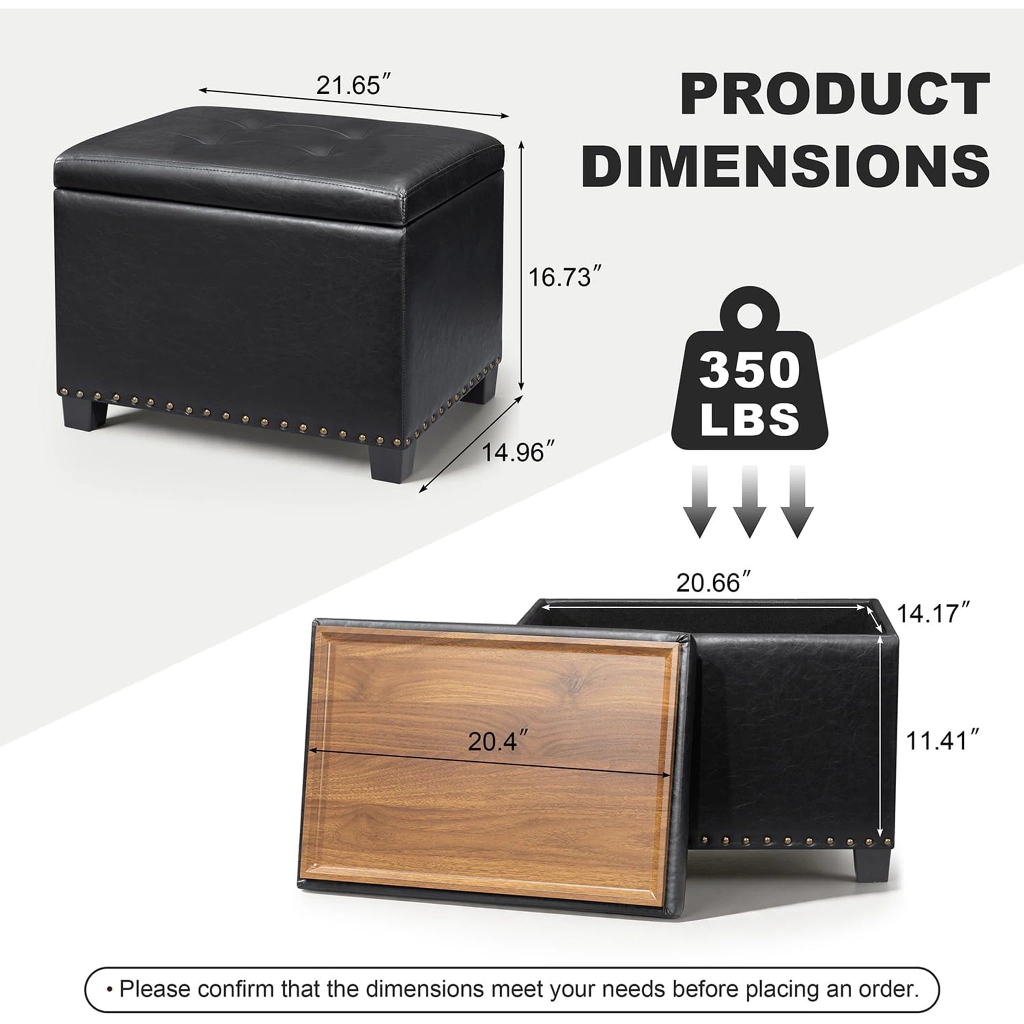 Homebeez Black Tray-Top Tufted Faux Leather Storage Ottoman – dimensions chart