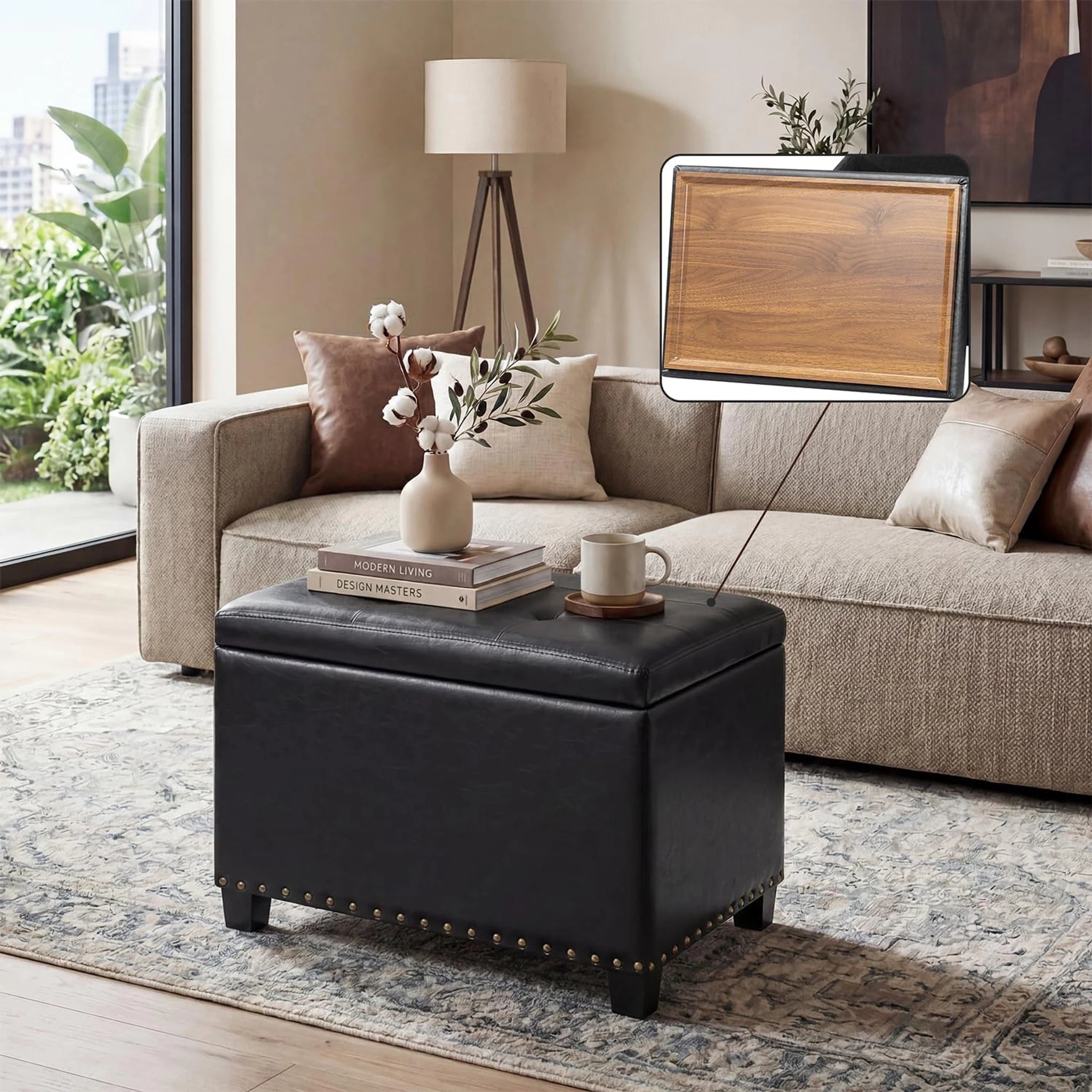 Homebeez Black Tray-Top Tufted Faux Leather Storage Ottoman – detail and materials view