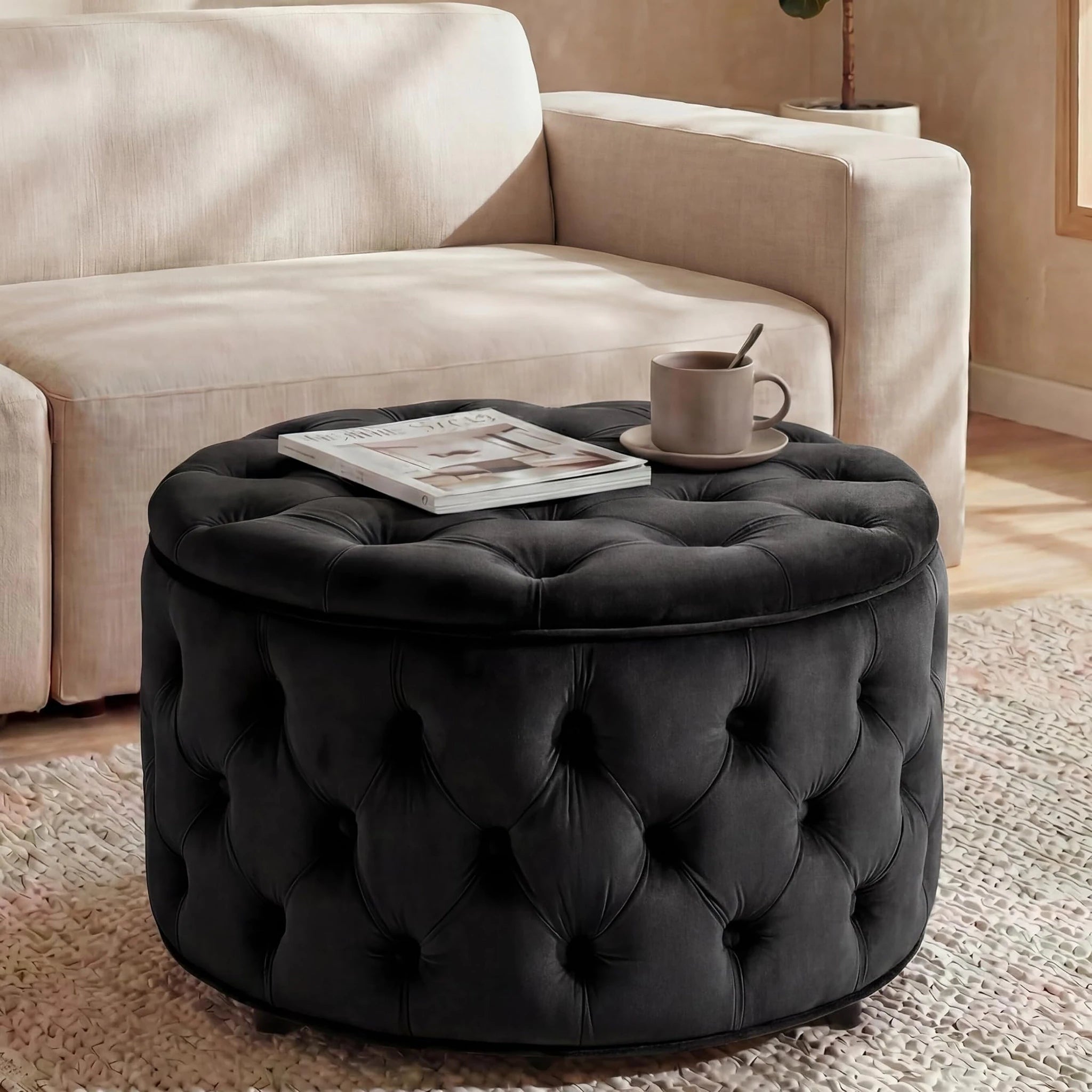 Homebeez Black Tufted Velvet Round Storage Ottoman – styled home scene