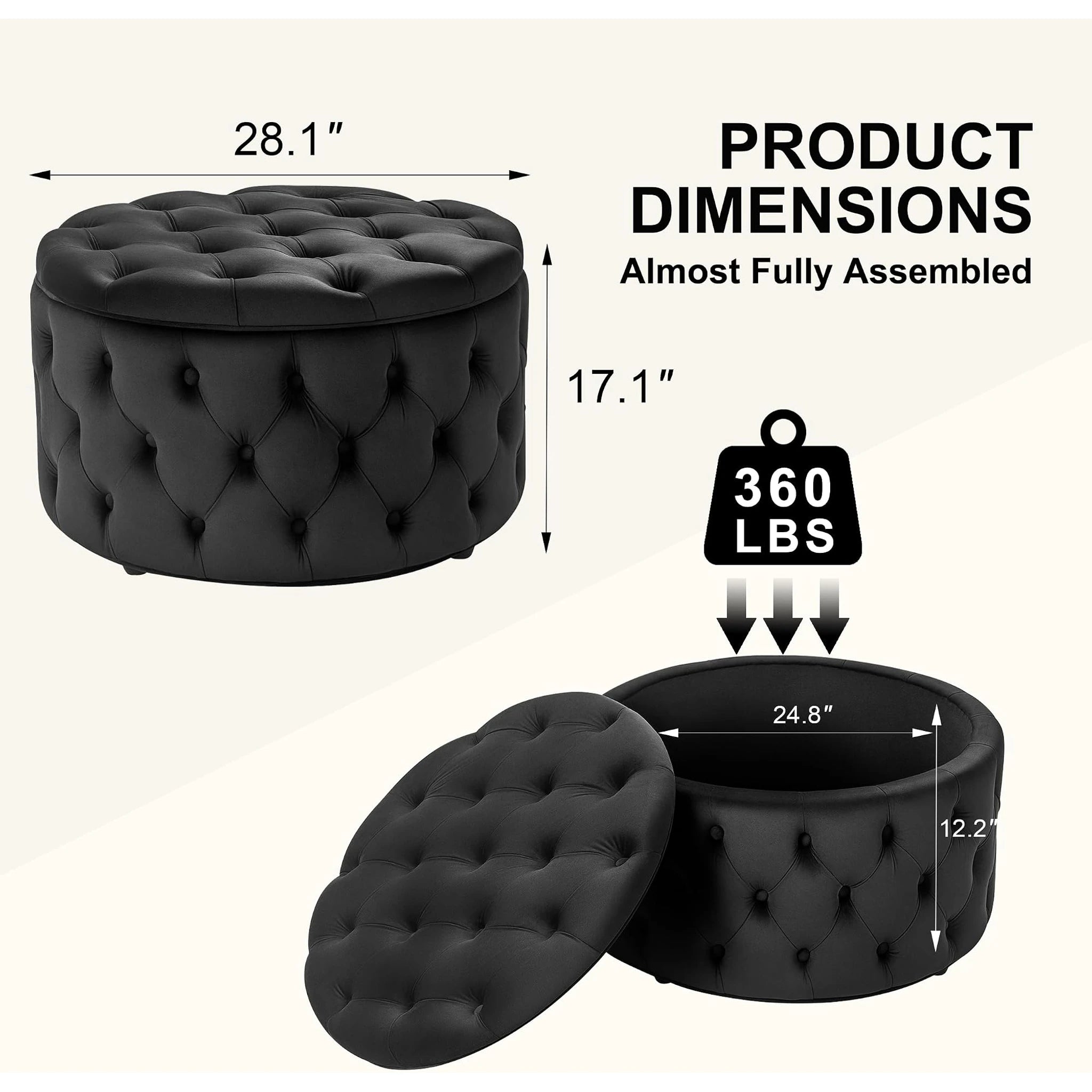 Homebeez Black Tufted Velvet Round Storage Ottoman – dimensions chart