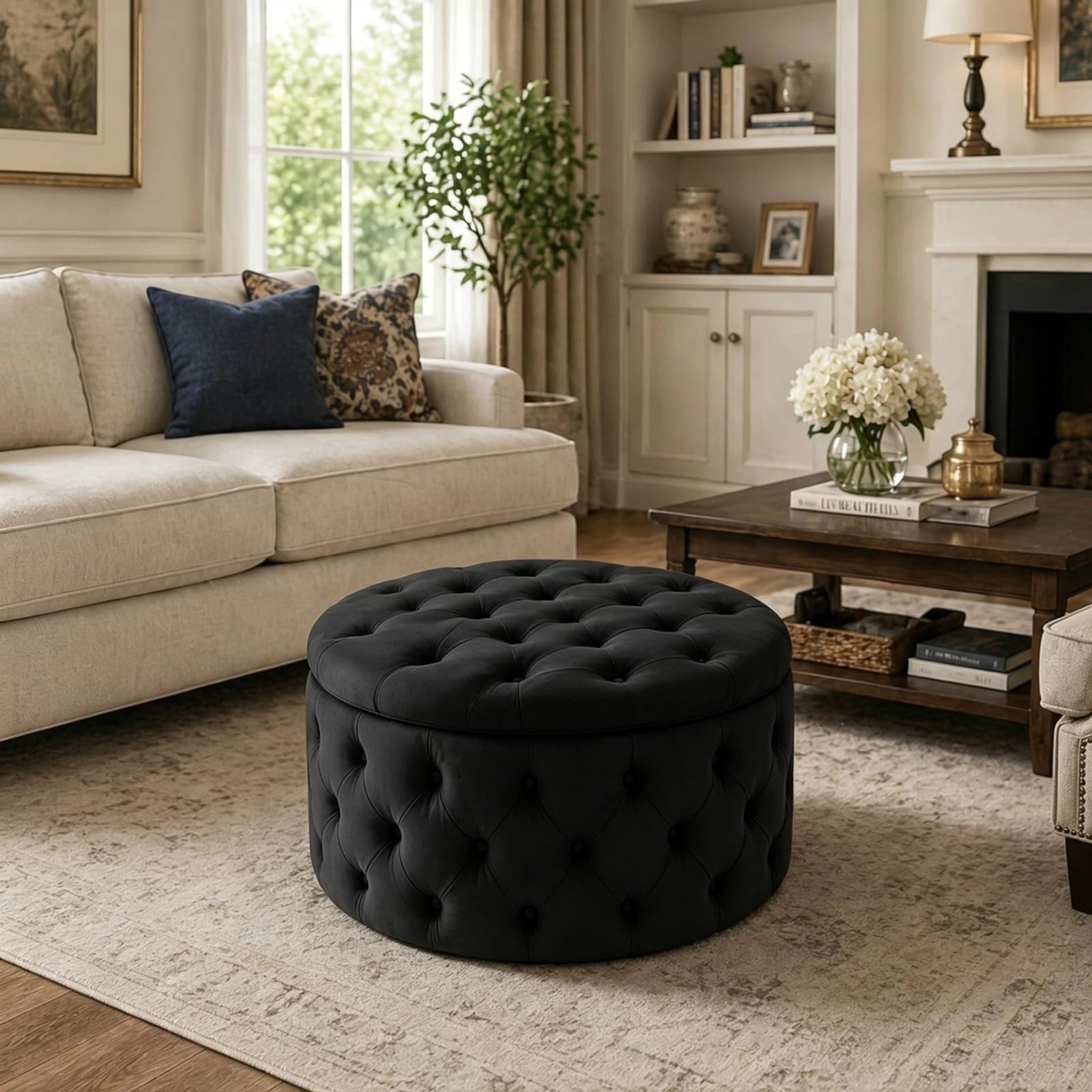 Homebeez Black Tufted Velvet Round Storage Ottoman – detail and materials view