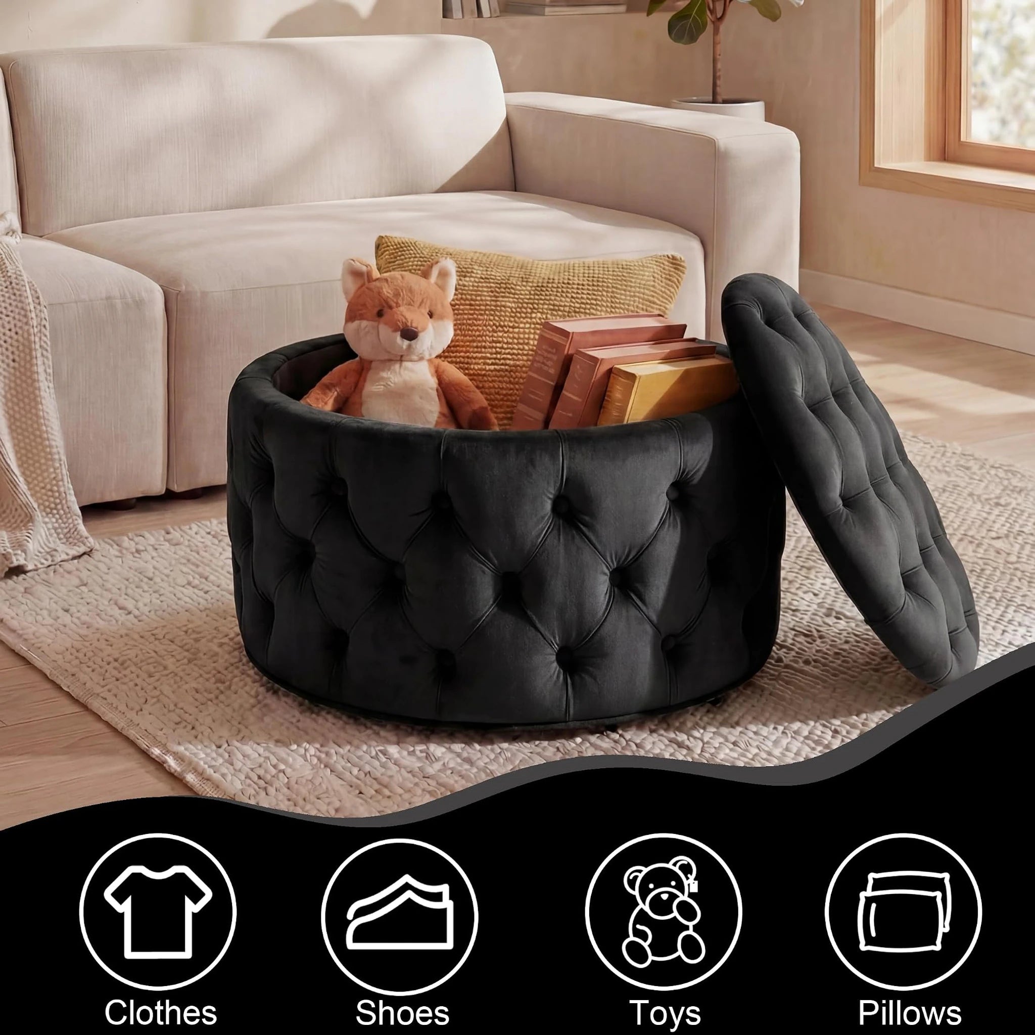 Homebeez Black Tufted Velvet Round Storage Ottoman – lifestyle room view