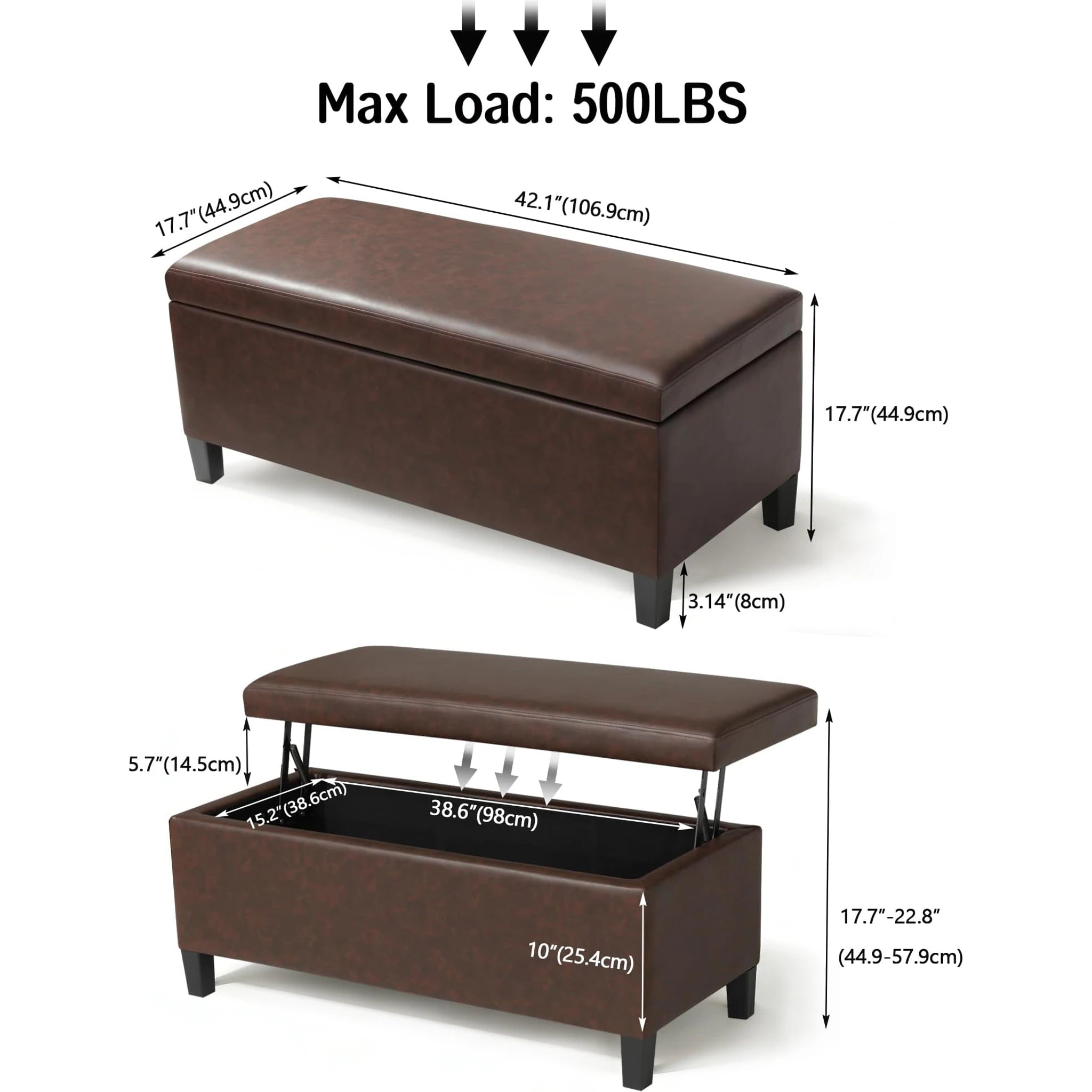 Homebeez Blackened Red Lift-Top Faux Leather Storage Ottoman Bench – dimensions chart