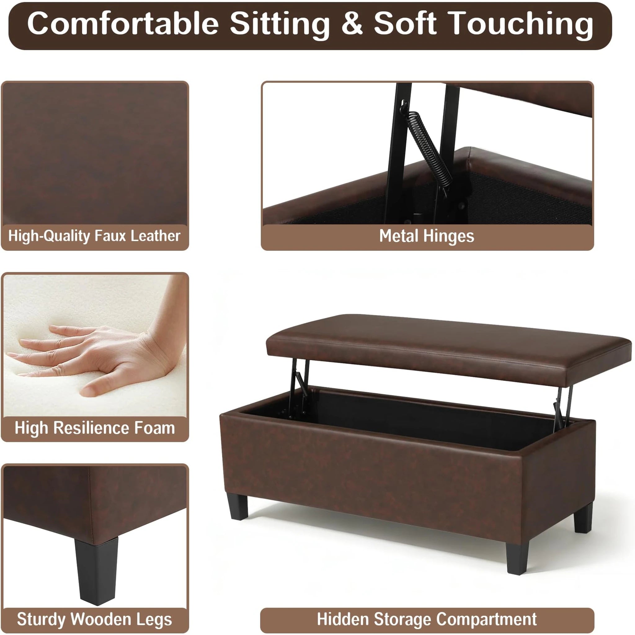 Homebeez Blackened Red Lift-Top Faux Leather Storage Ottoman Bench – detail and materials view