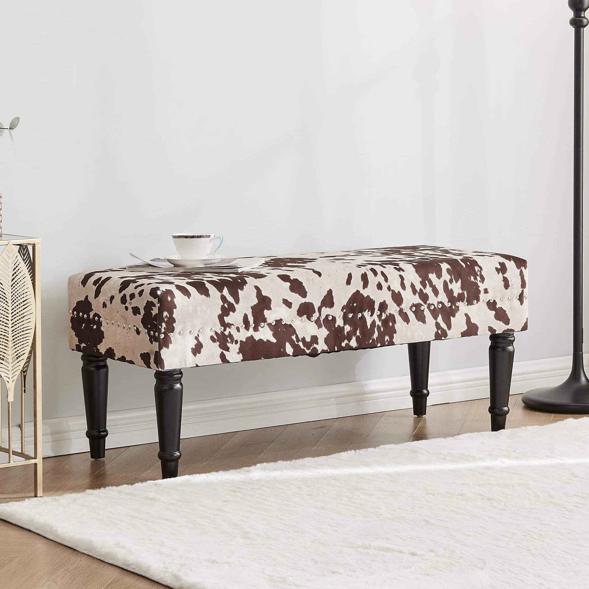 Homebeez Brown Cow Velvet Upholstered Bench – lifestyle room view
