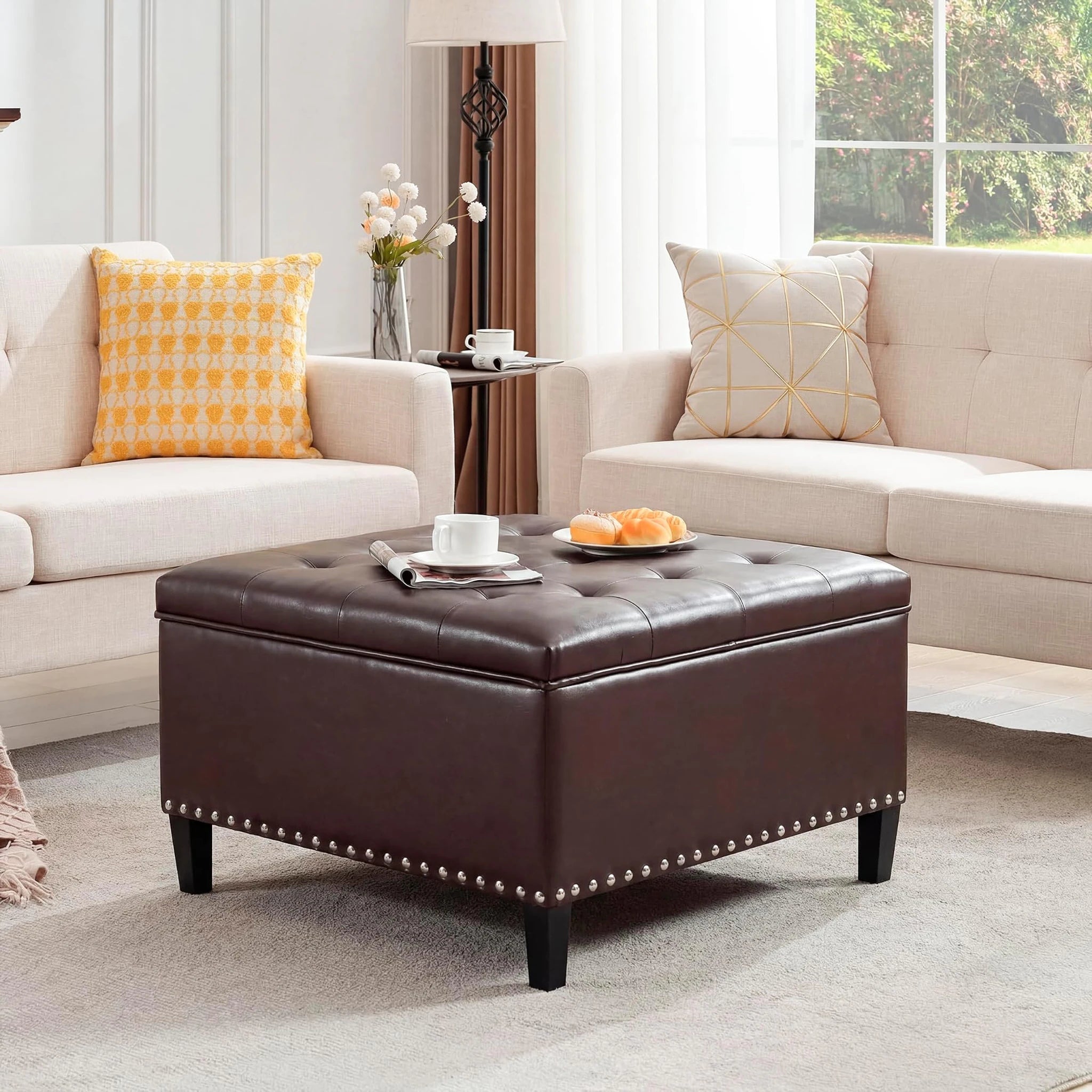 Homebeez Brown Faux Leather Storage Ottoman – styled home scene