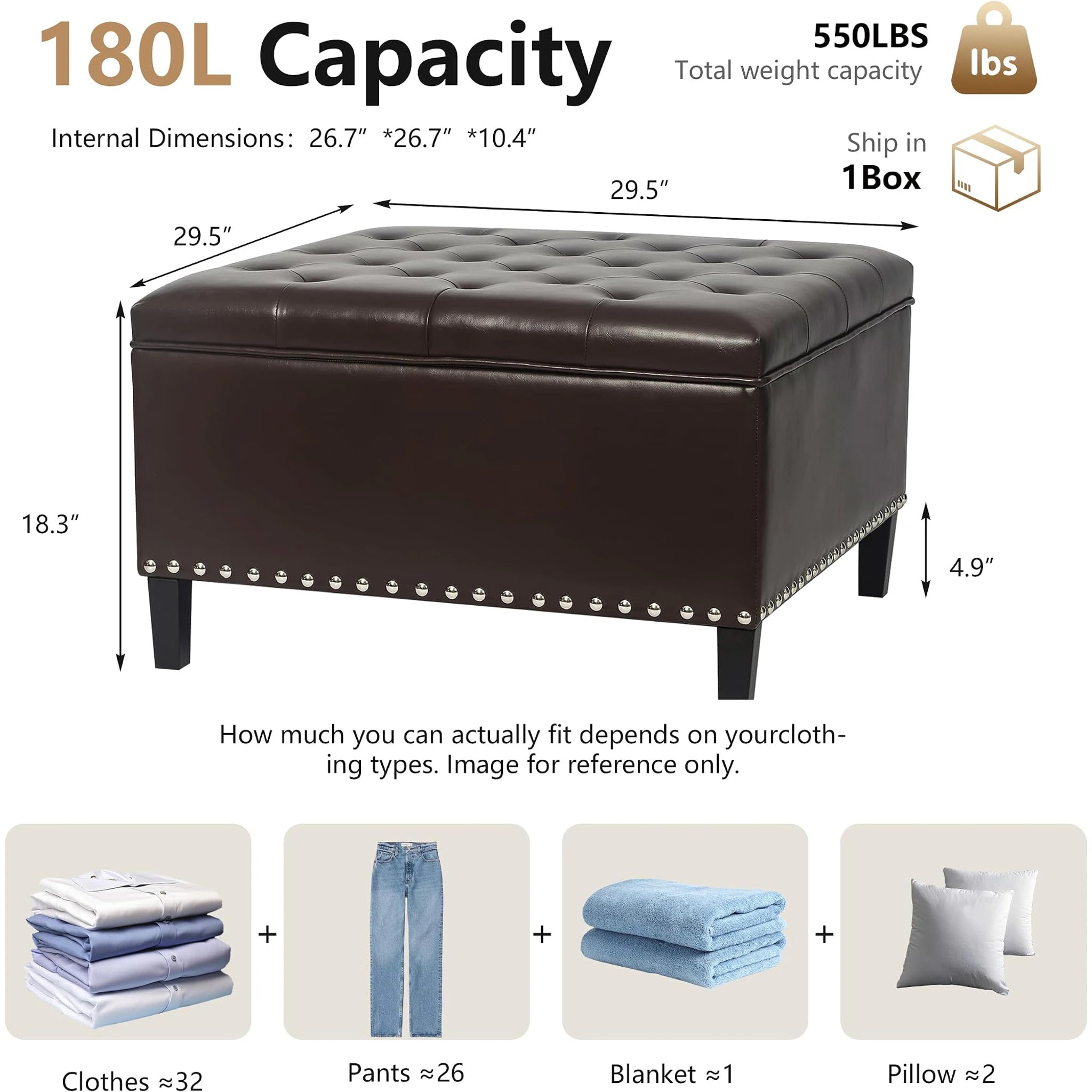 Homebeez Brown Faux Leather Storage Ottoman – dimensions chart