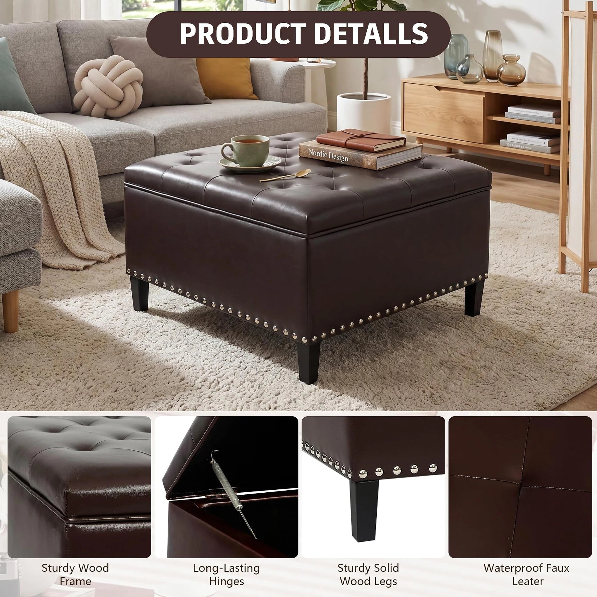Homebeez Brown Faux Leather Storage Ottoman – detail and materials view