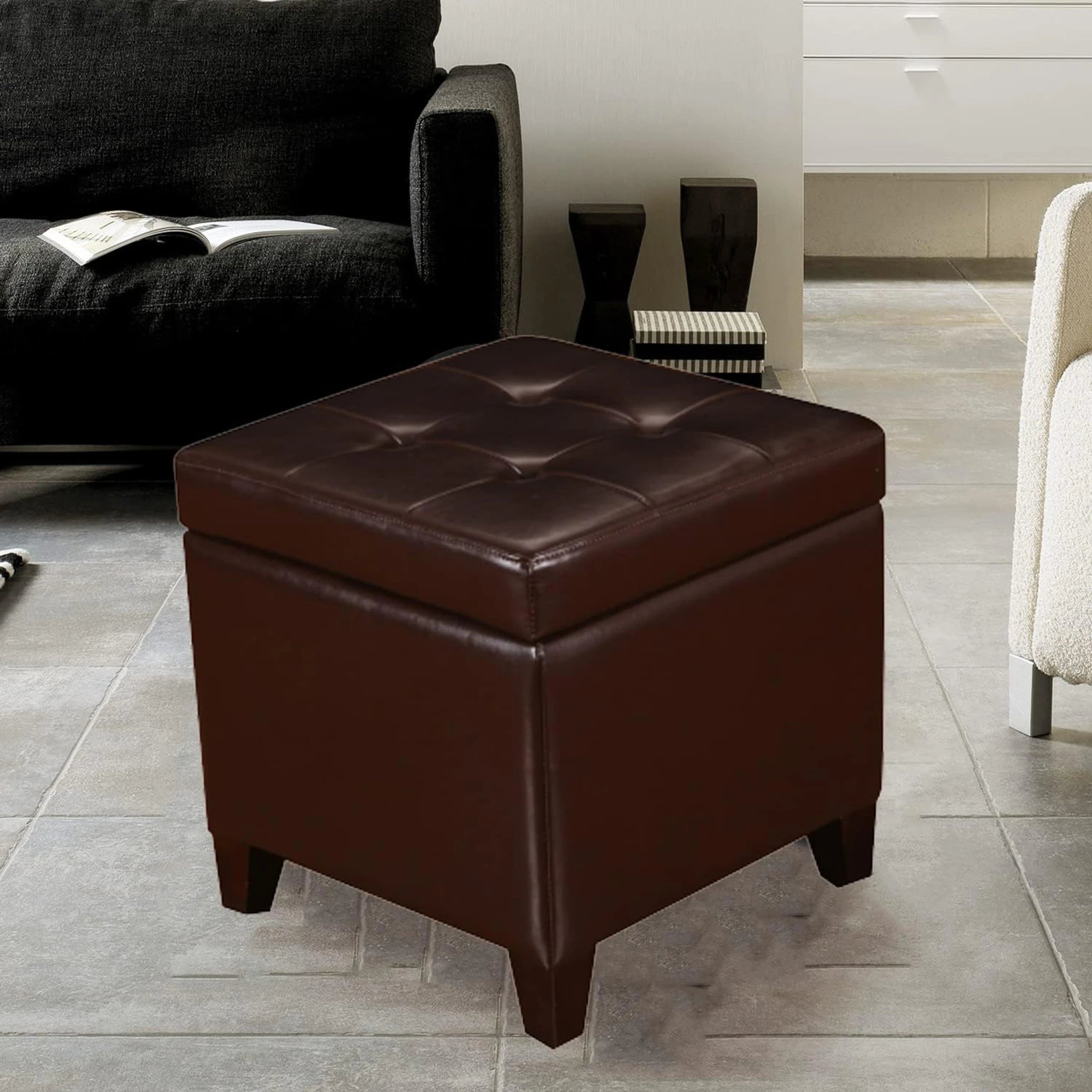 Homebeez Brown Tufted Faux Leather Storage Ottoman – lifestyle room view