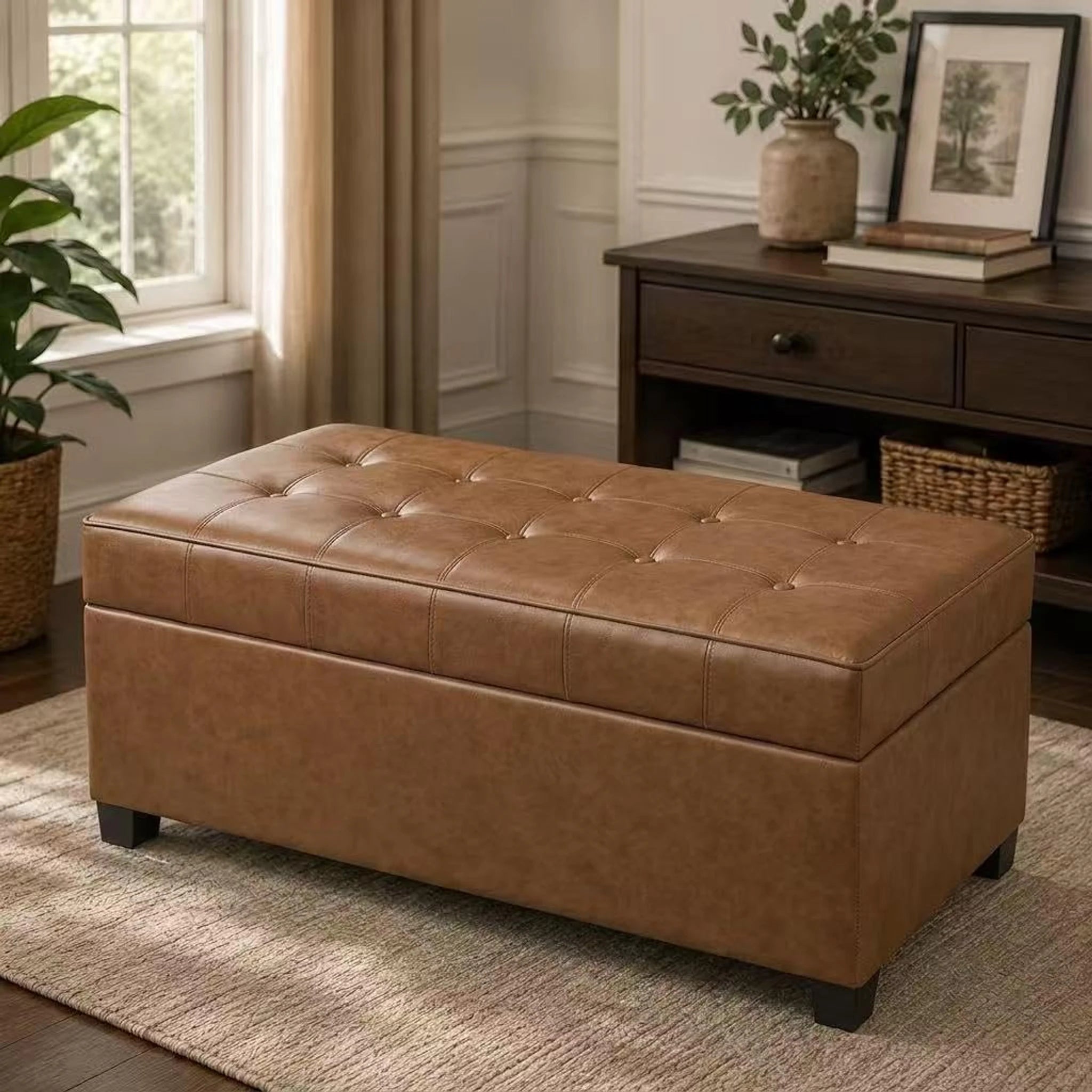 Homebeez Caramel Brown Tufted Faux Leather Storage Ottoman Bench – styled home scene