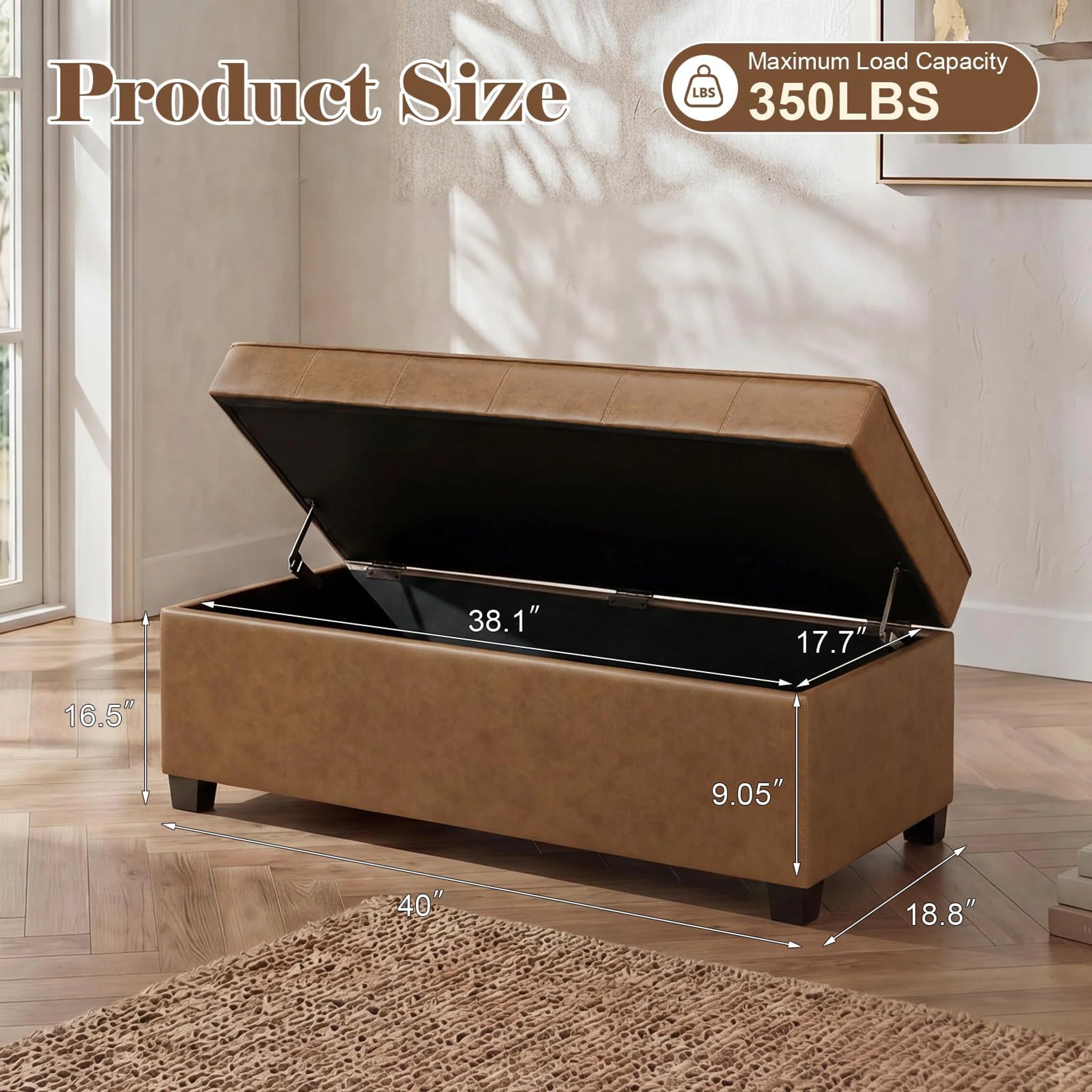 Homebeez Caramel Brown Tufted Faux Leather Storage Ottoman Bench – dimensions chart