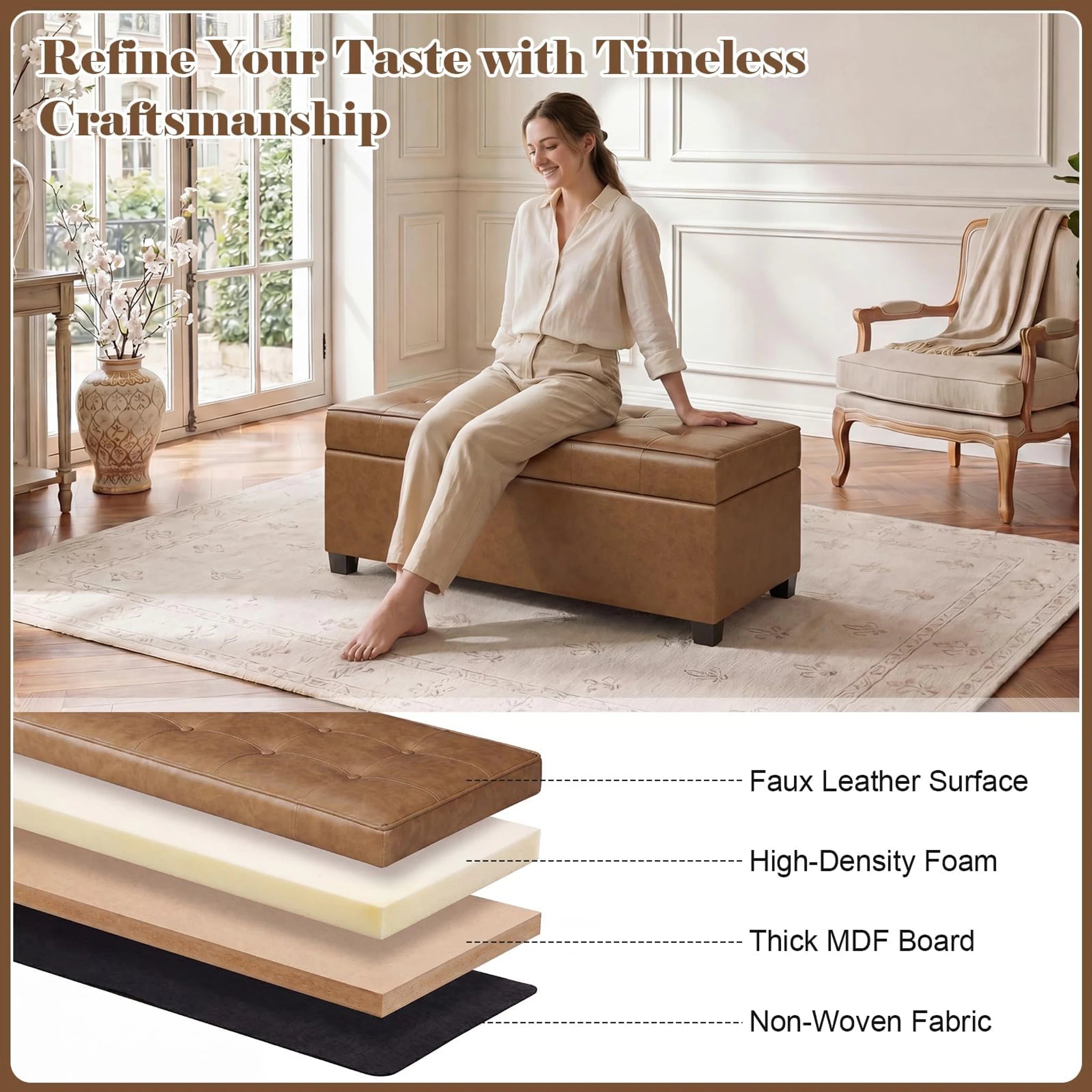 Homebeez Caramel Brown Tufted Faux Leather Storage Ottoman Bench – detail and materials view