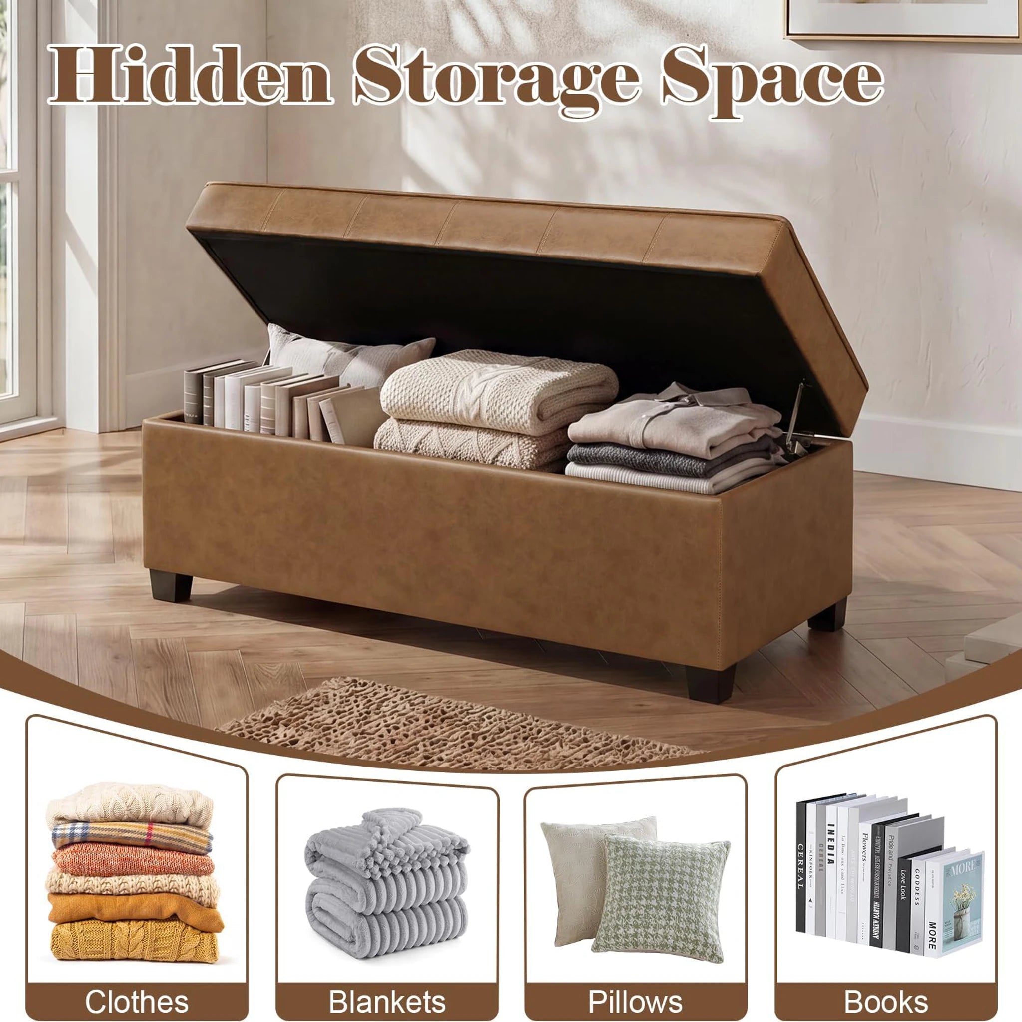 Homebeez Caramel Brown Tufted Faux Leather Storage Ottoman Bench – lifestyle room view