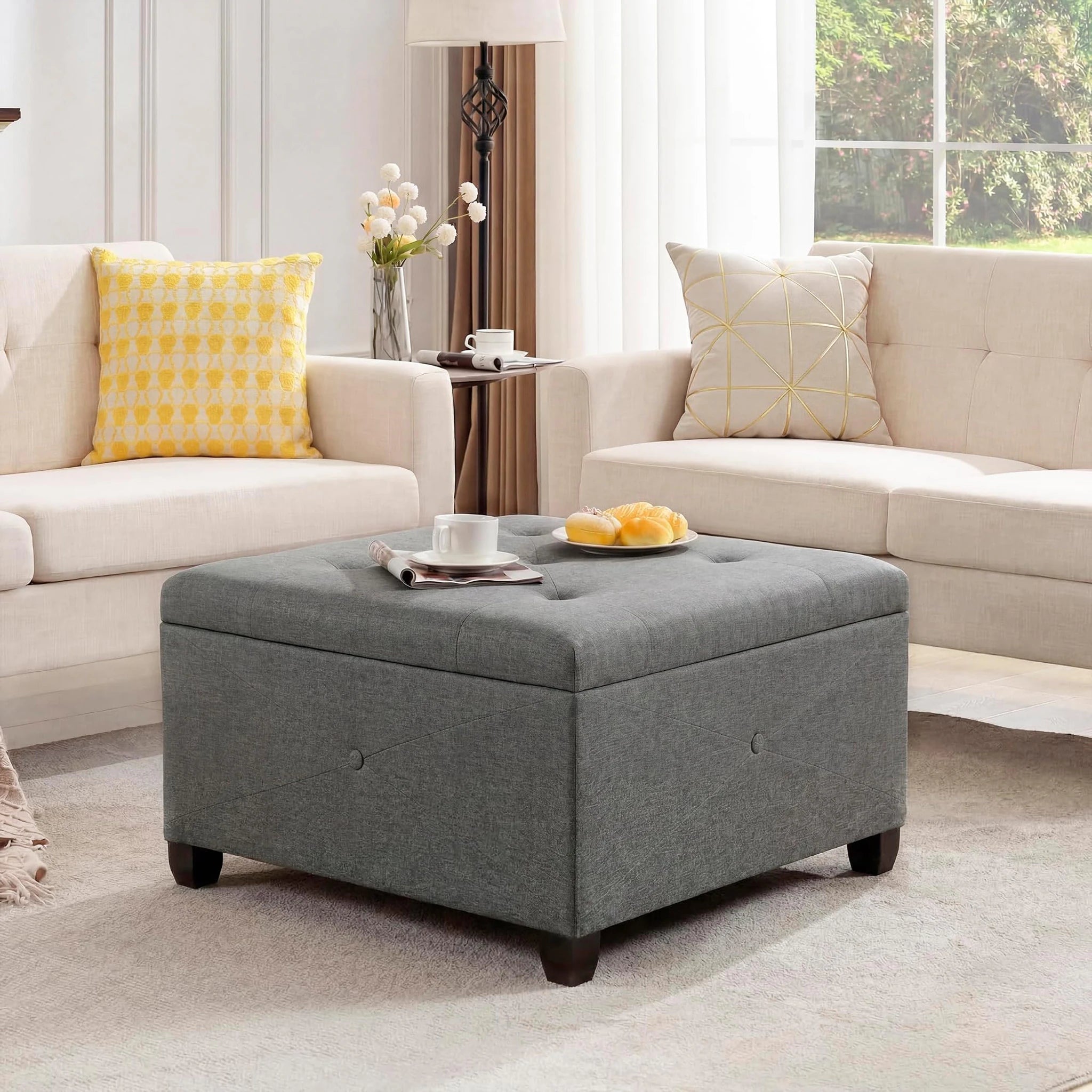 Homebeez Cement Grey Tufted Fabric Storage Ottoman – styled home scene