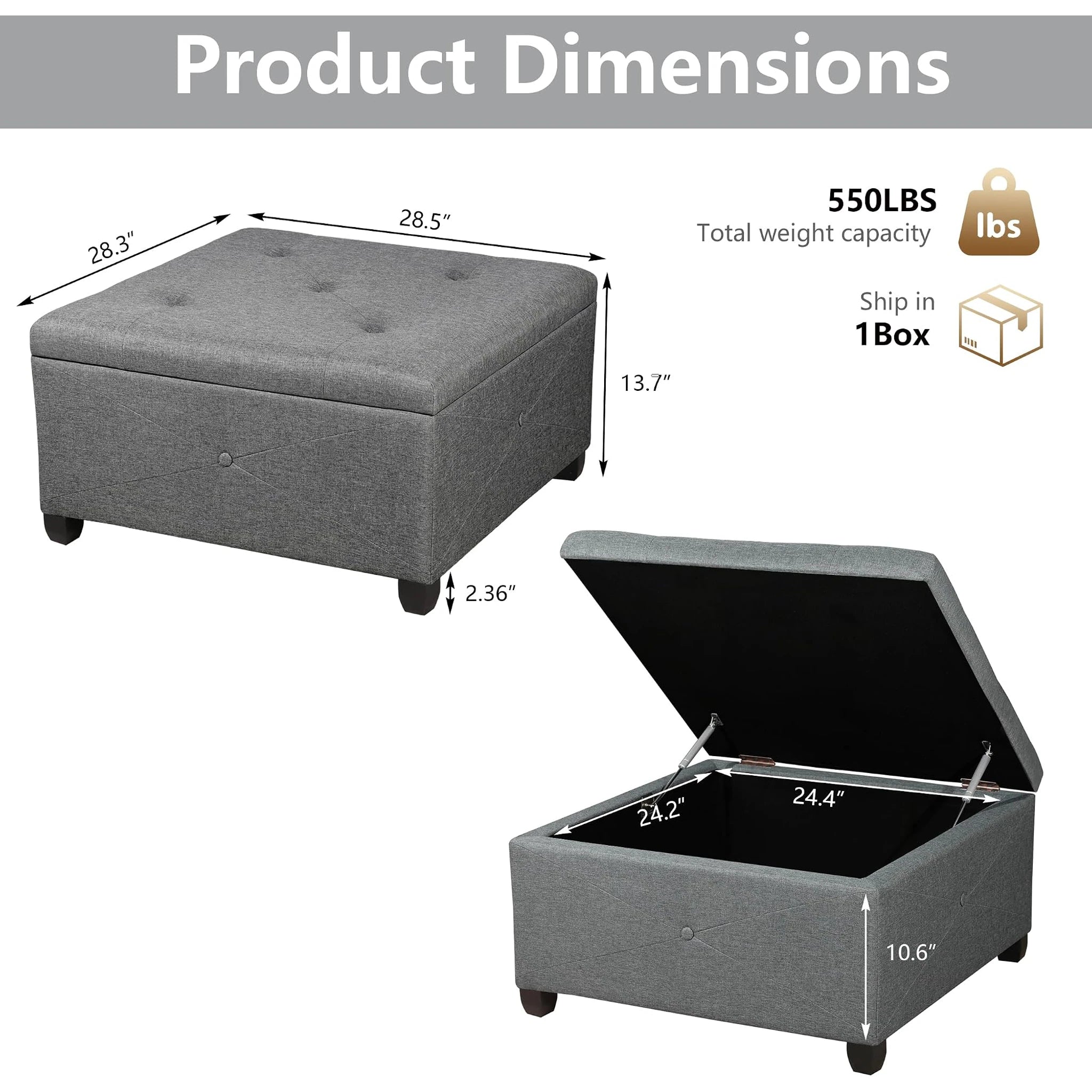 Homebeez Cement Grey Tufted Fabric Storage Ottoman – dimensions chart