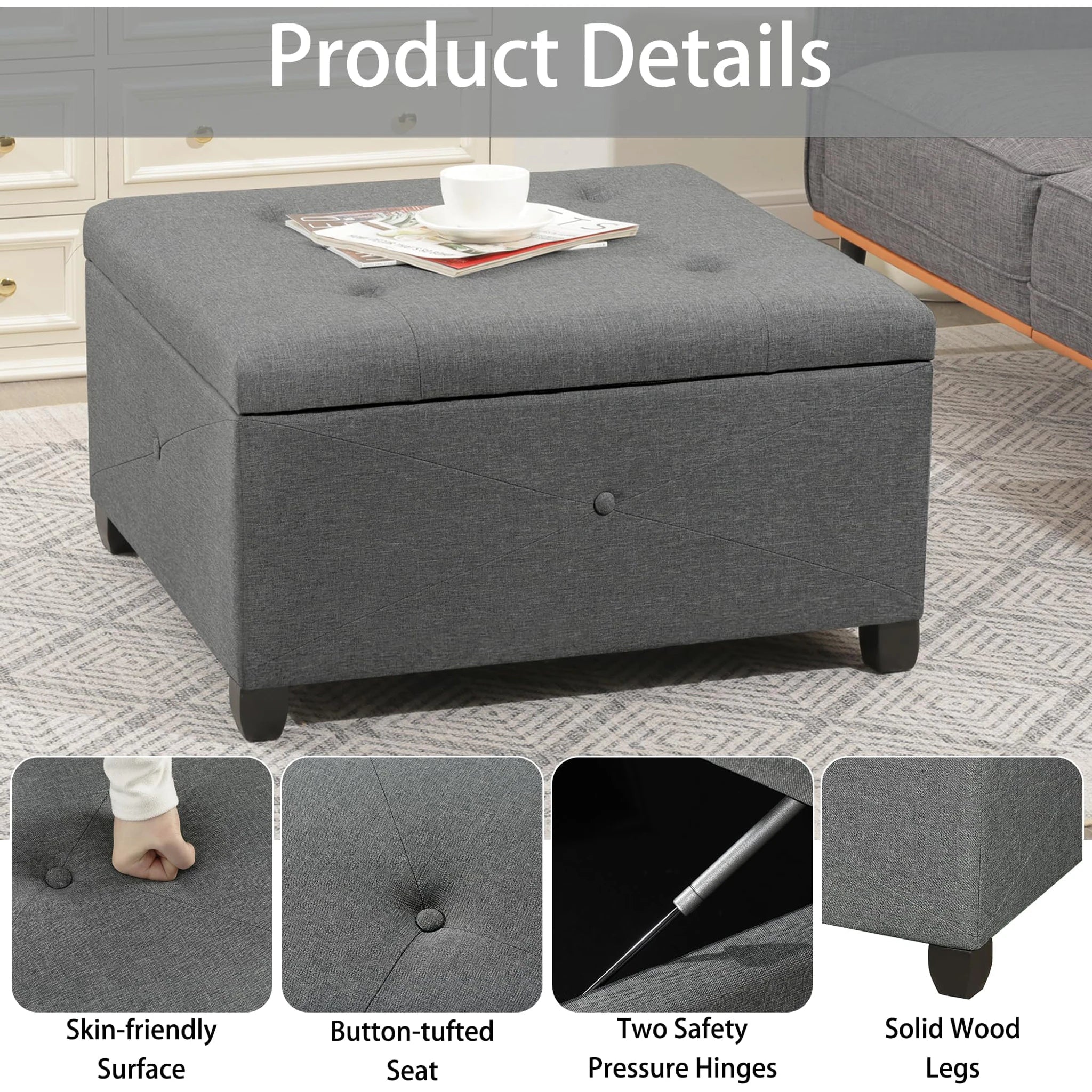 Homebeez Cement Grey Tufted Fabric Storage Ottoman – detail and materials view