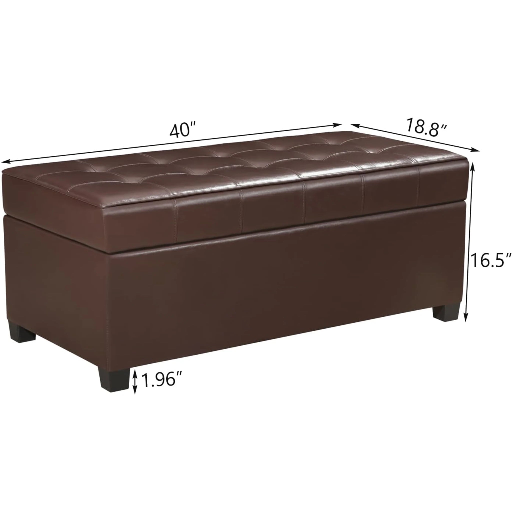 Homebeez Chocolate Brown Lift-Top Tufted Faux Leather Storage Ottoman Bench – dimensions chart