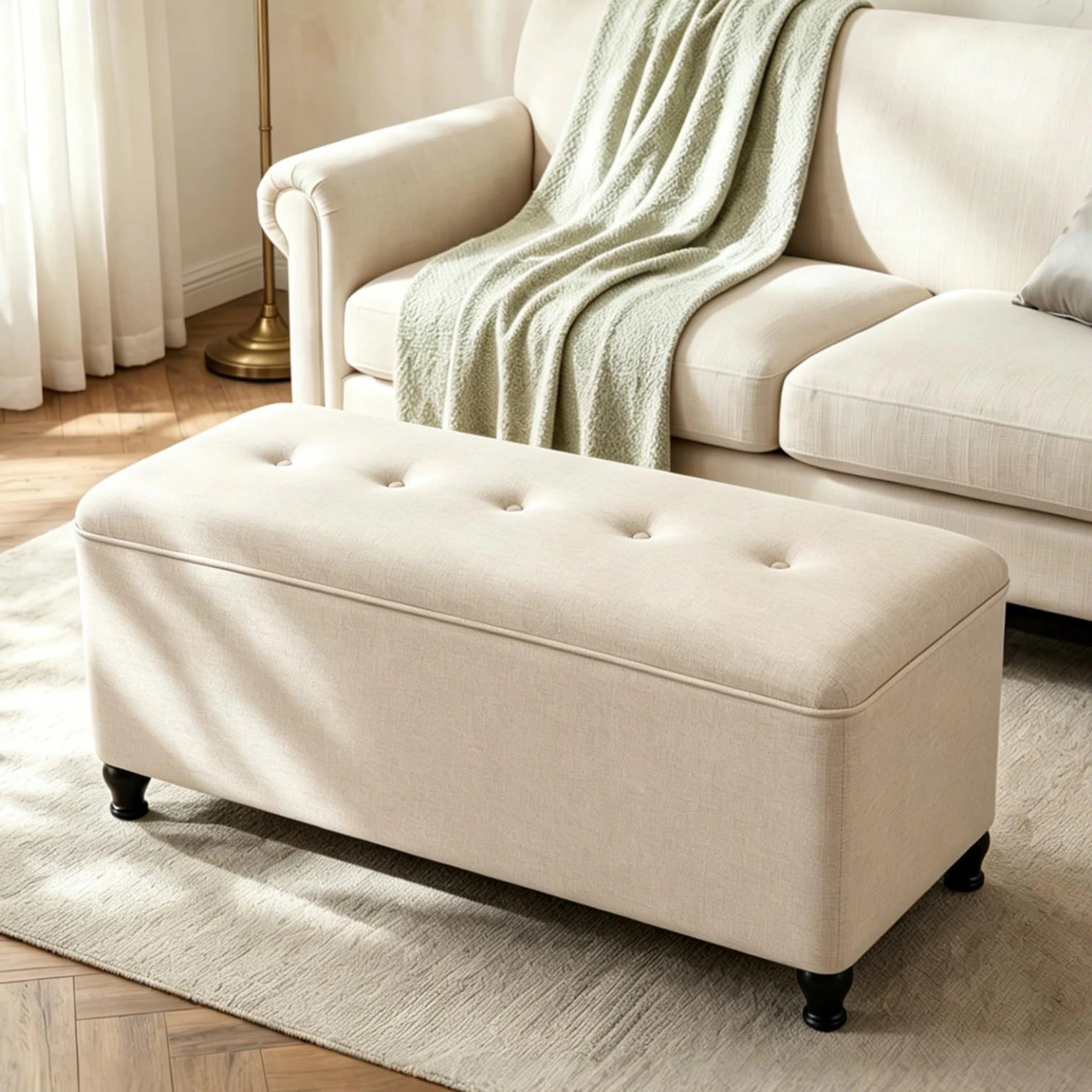 Homebeez Cream White Tufted Storage Ottoman Bench – styled home scene