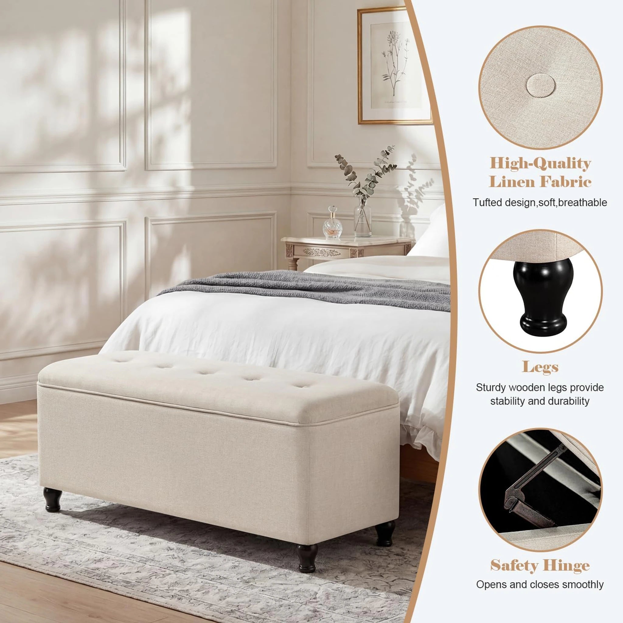 Homebeez Cream White Tufted Storage Ottoman Bench – detail and materials view