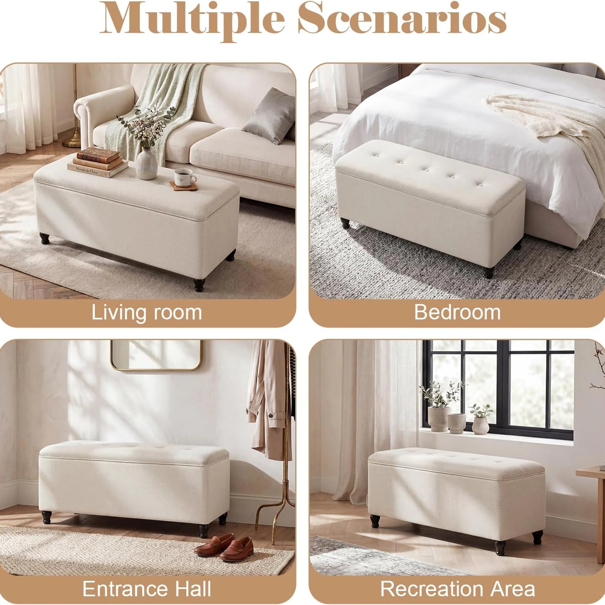 Homebeez Cream White Tufted Storage Ottoman Bench – lifestyle room view