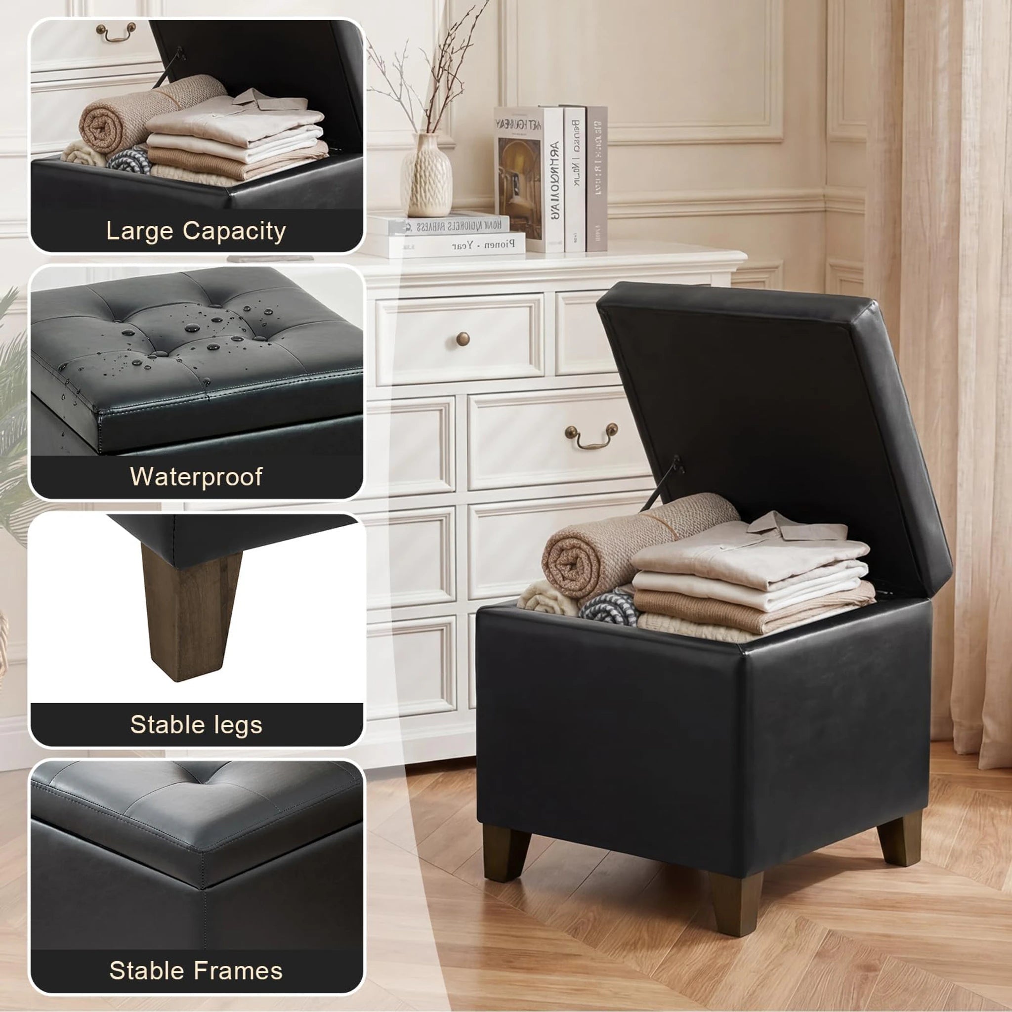 Homebeez Dark Black Tufted Faux Leather Storage Ottoman – detail and materials view