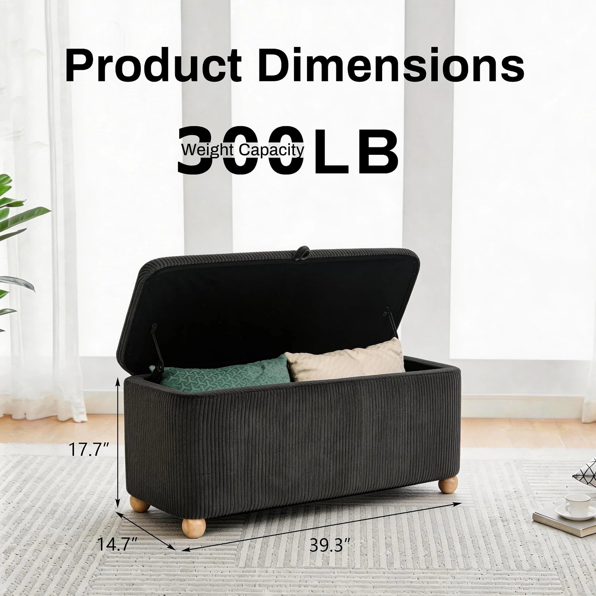 Homebeez Dark Grey Velvet Storage Ottoman Bench – dimensions chart