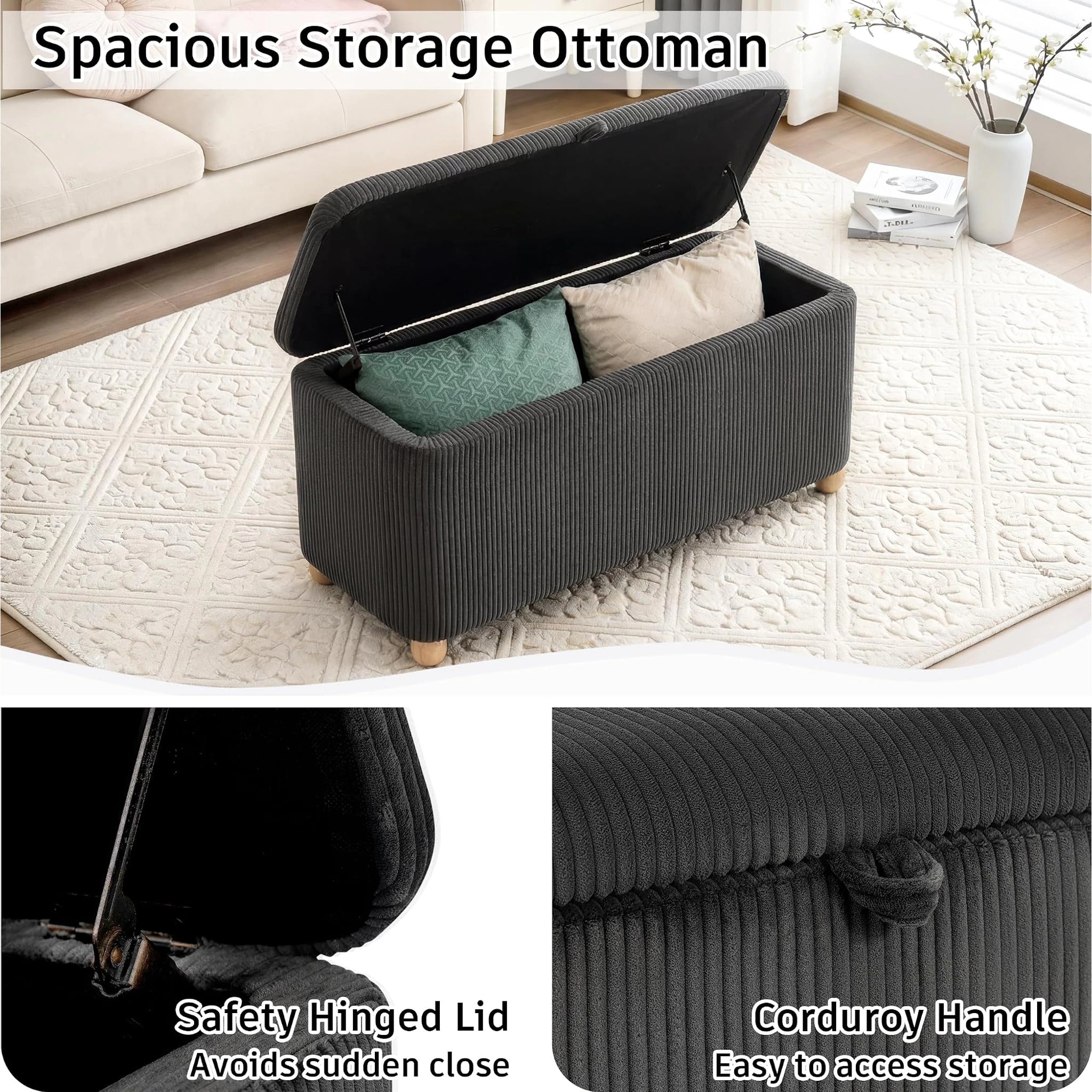 Homebeez Dark Grey Velvet Storage Ottoman Bench – detail and materials view