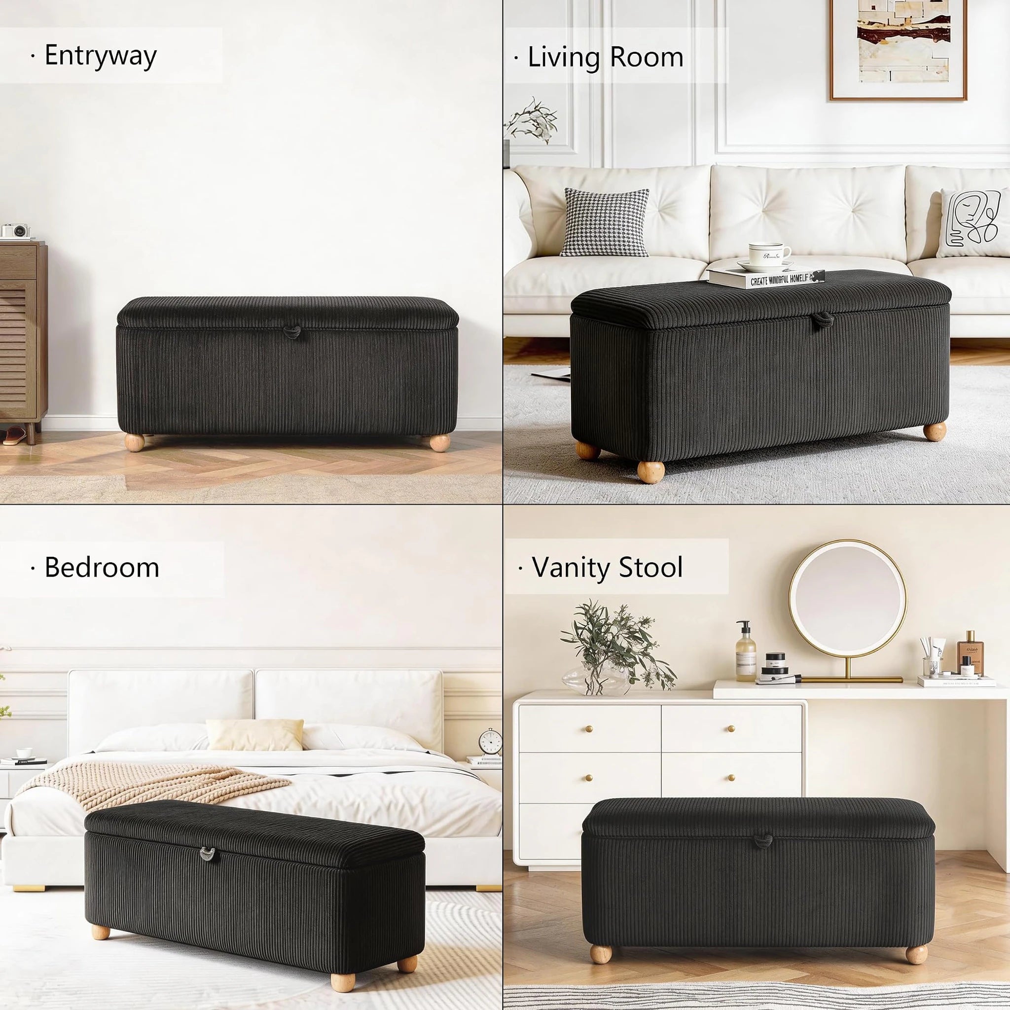Homebeez Dark Grey Velvet Storage Ottoman Bench – lifestyle room view