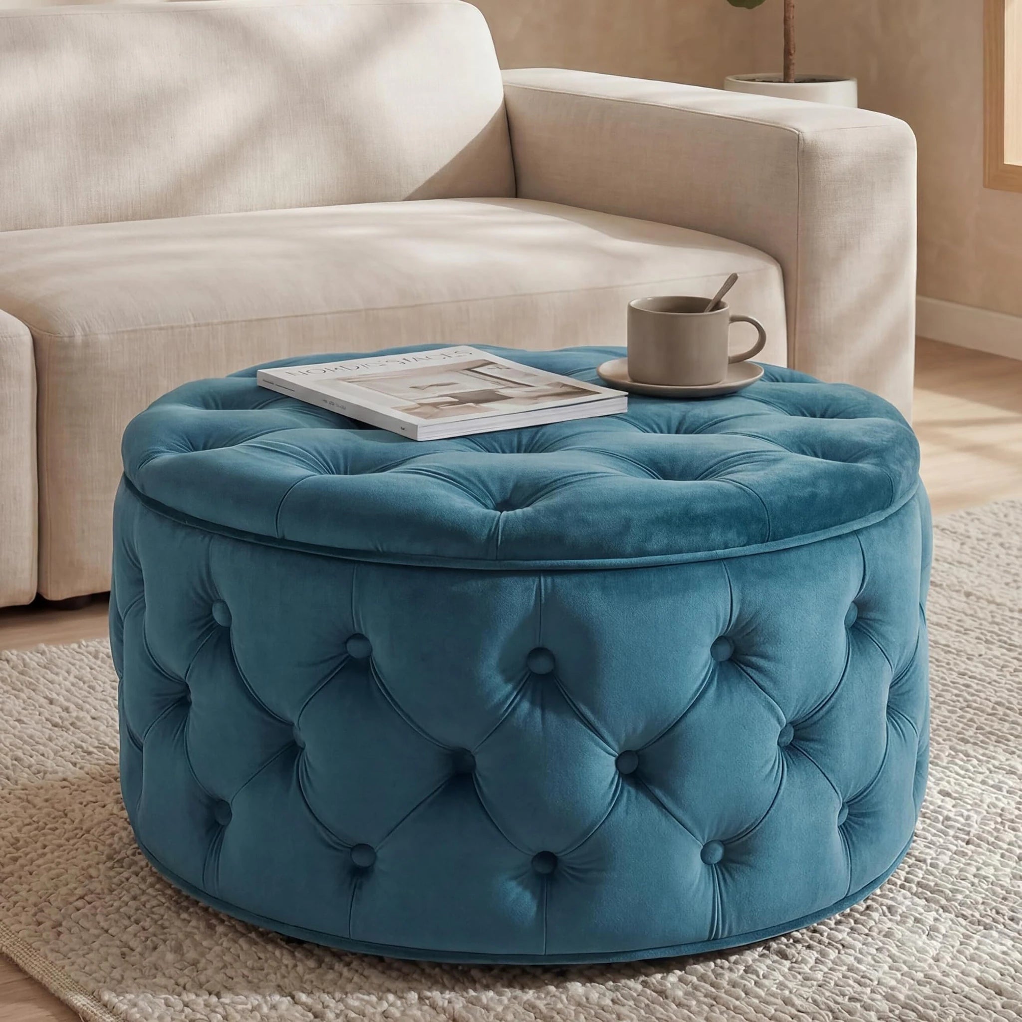 Homebeez Dark Teal Blue Tufted Velvet Round Storage Ottoman – styled home scene