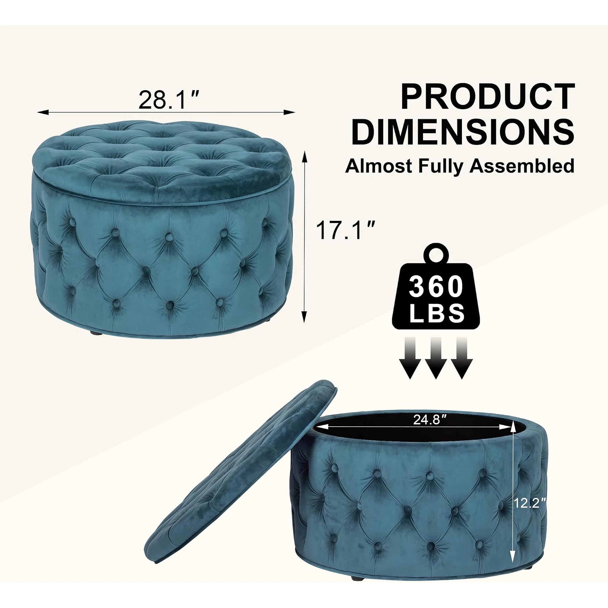 Homebeez Dark Teal Blue Tufted Velvet Round Storage Ottoman – dimensions chart