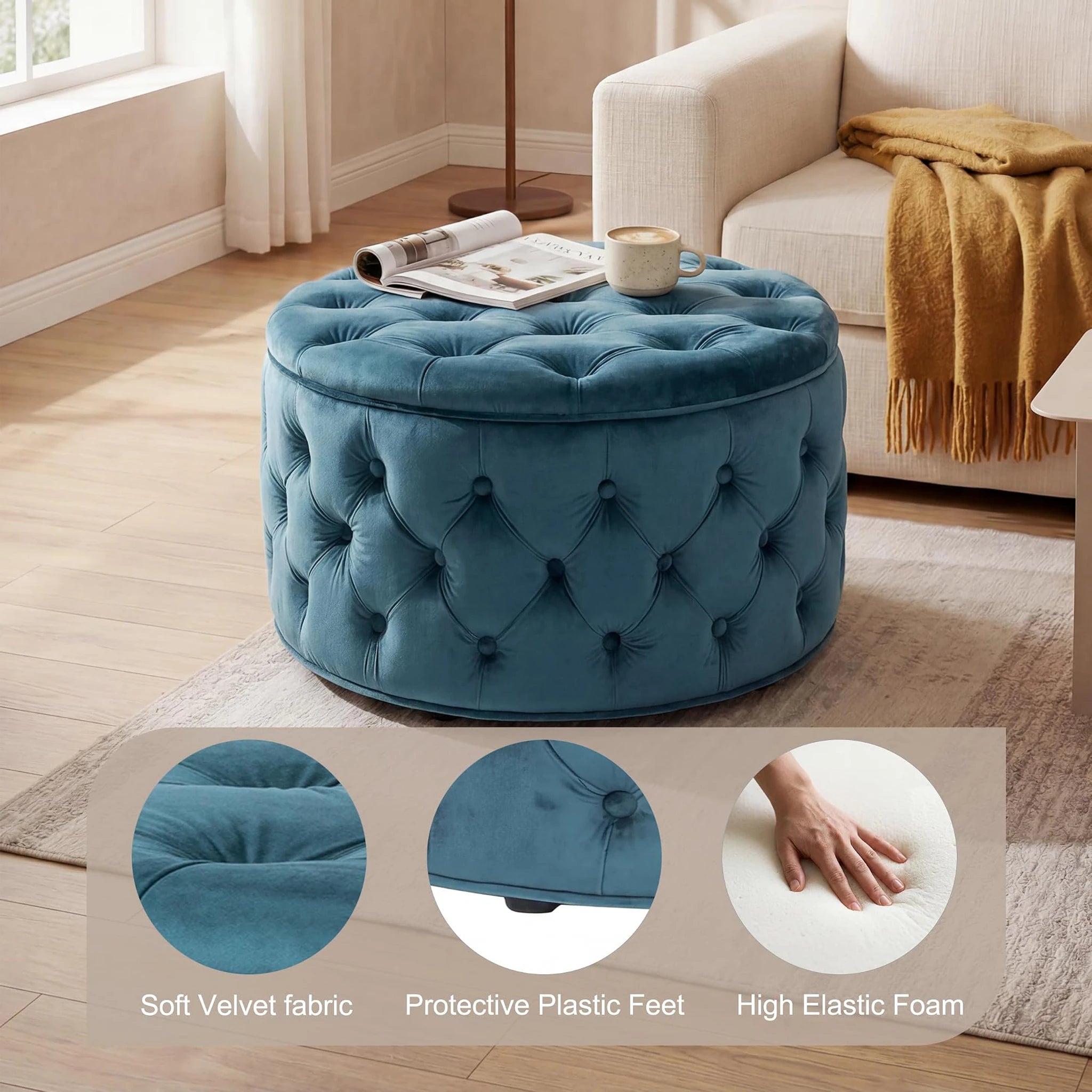 Homebeez Dark Teal Blue Tufted Velvet Round Storage Ottoman – detail and materials view