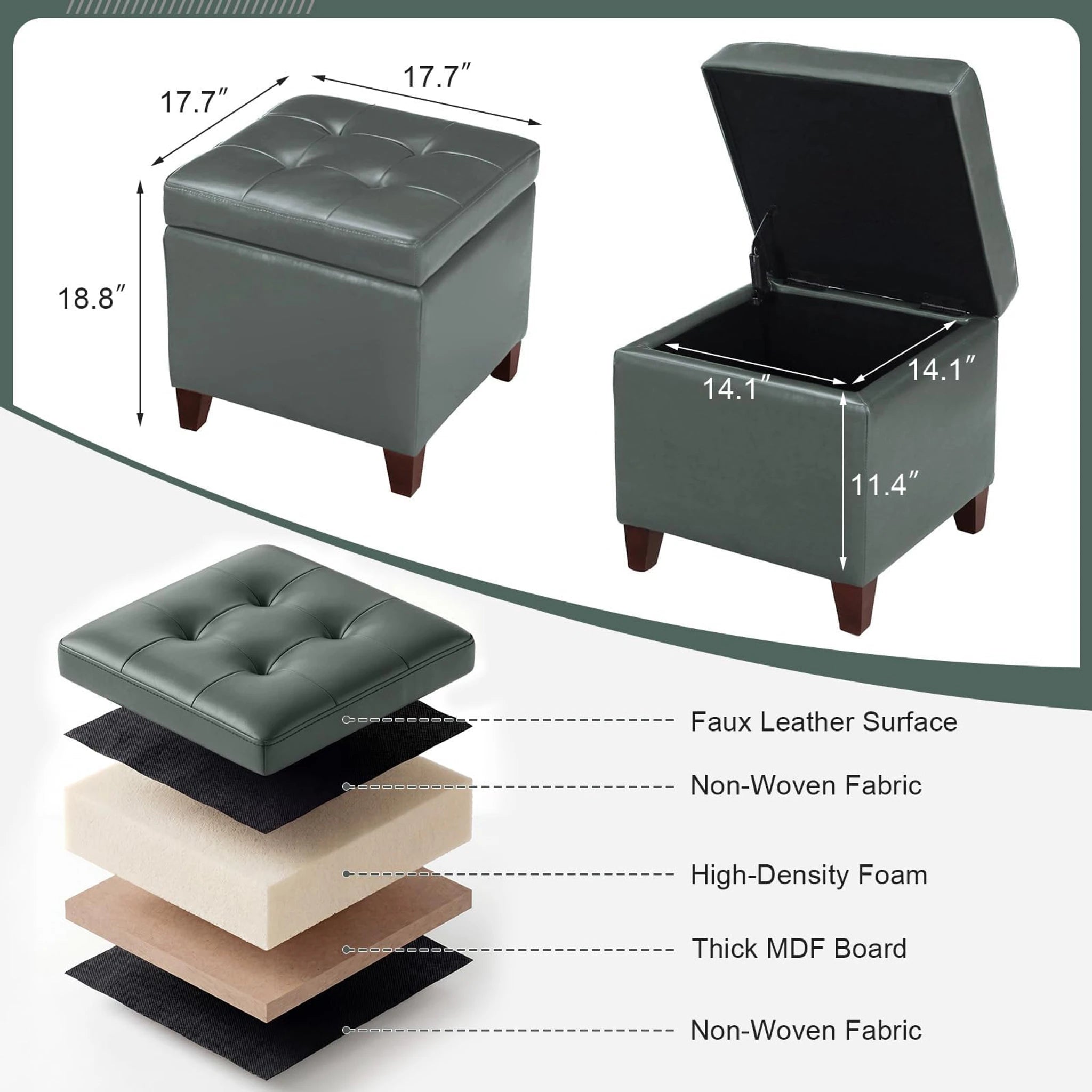Homebeez Dim Grey Tufted Faux Leather Storage Ottoman – dimensions chart