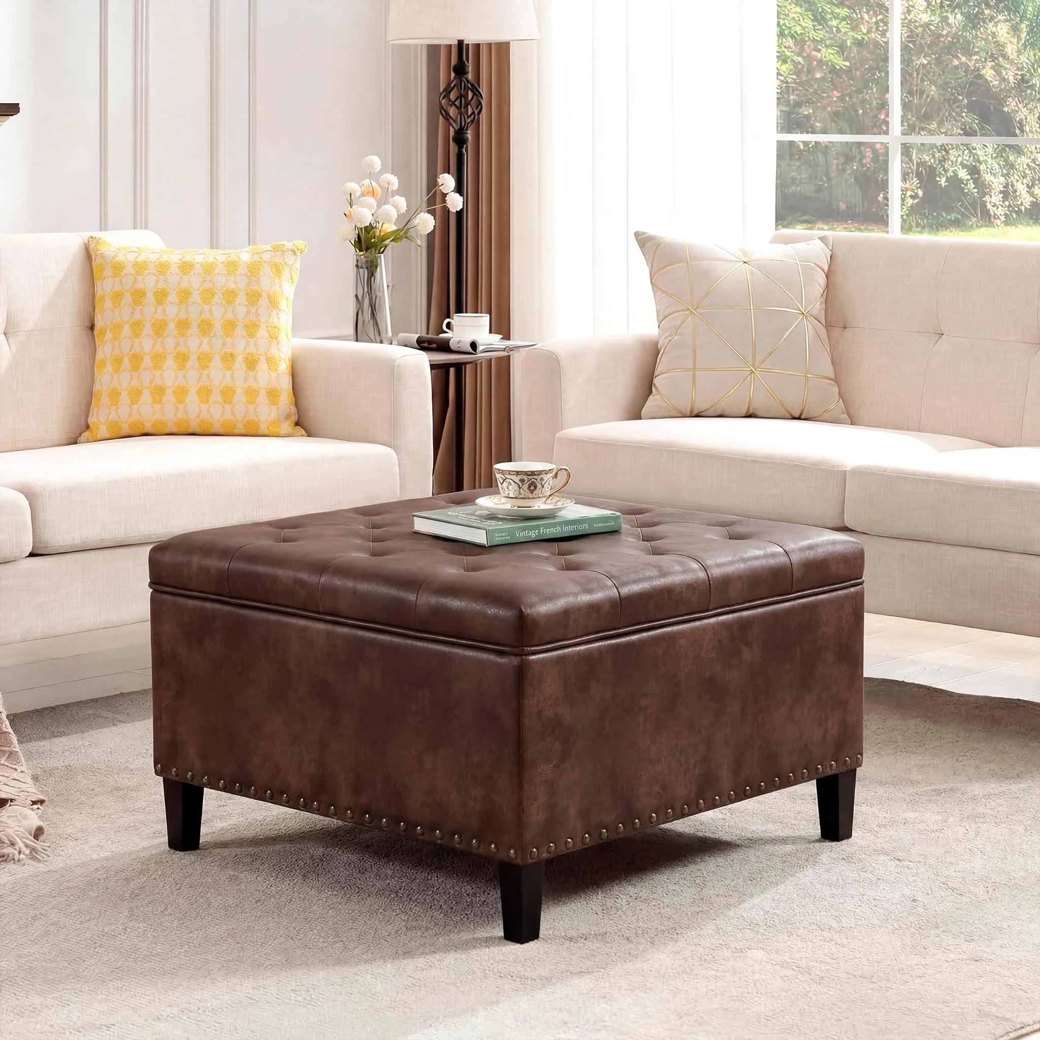Homebeez Distressed Brown Faux Leather Storage Ottoman – styled home scene