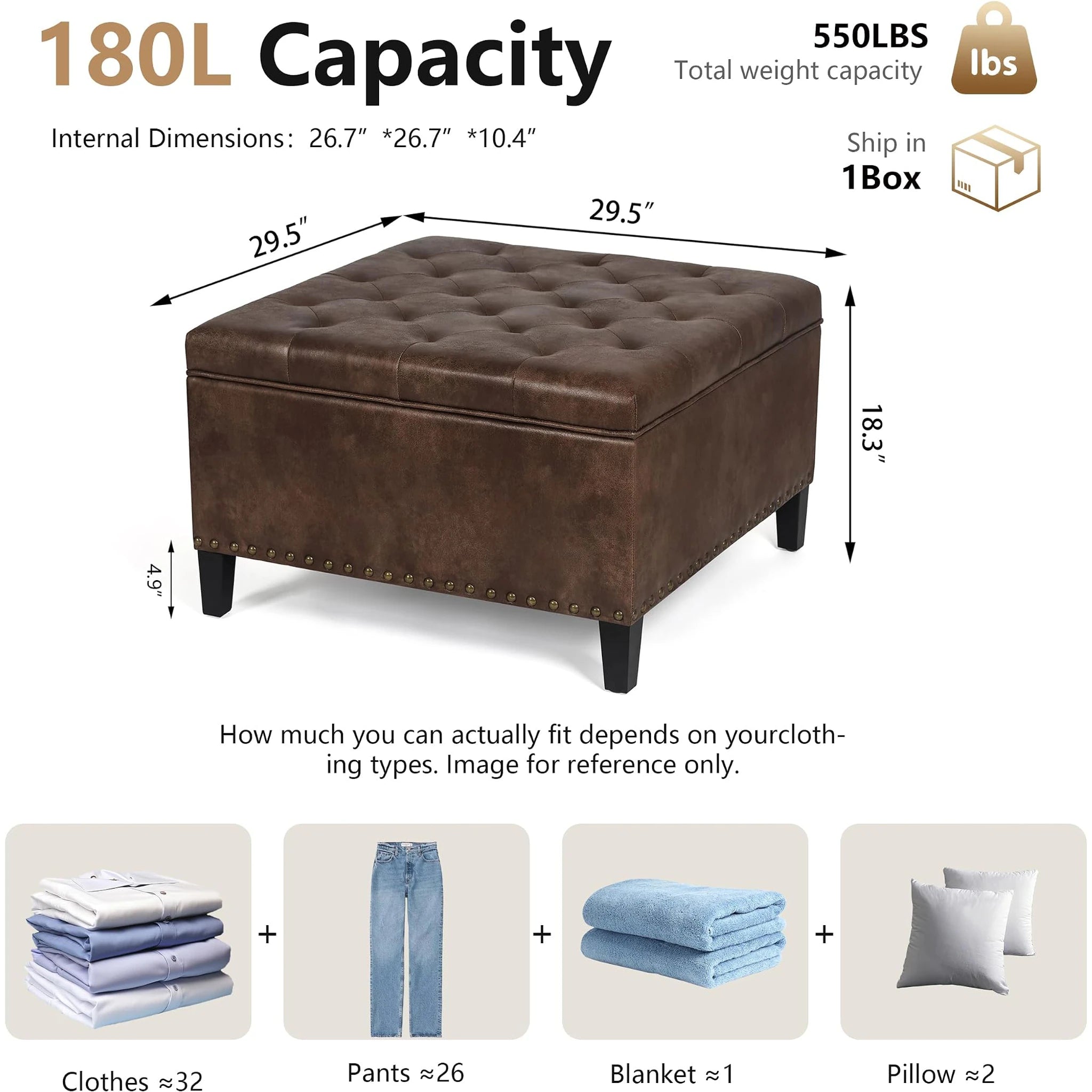Homebeez Distressed Brown Faux Leather Storage Ottoman – dimensions chart