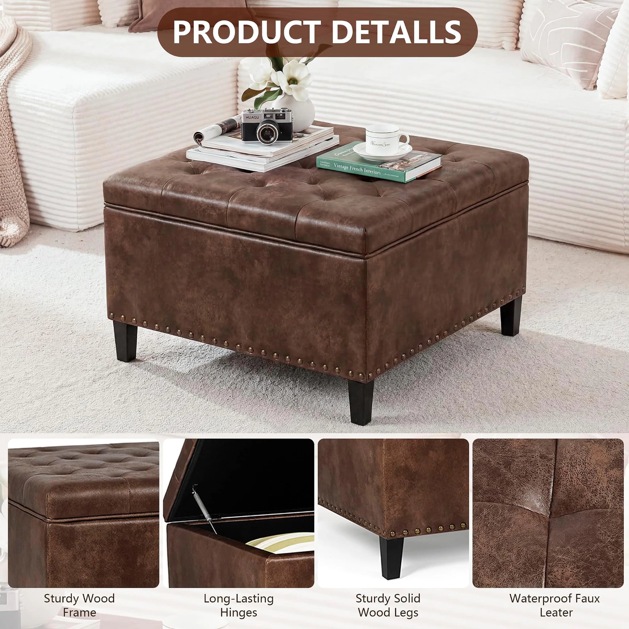 Homebeez Distressed Brown Faux Leather Storage Ottoman – detail and materials view