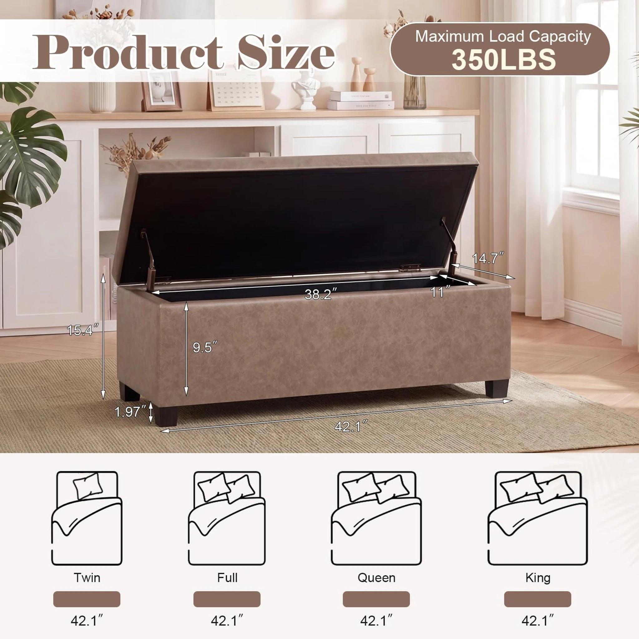 Homebeez Distressed Light Brown Faux Leather Storage Ottoman Bench – dimensions chart