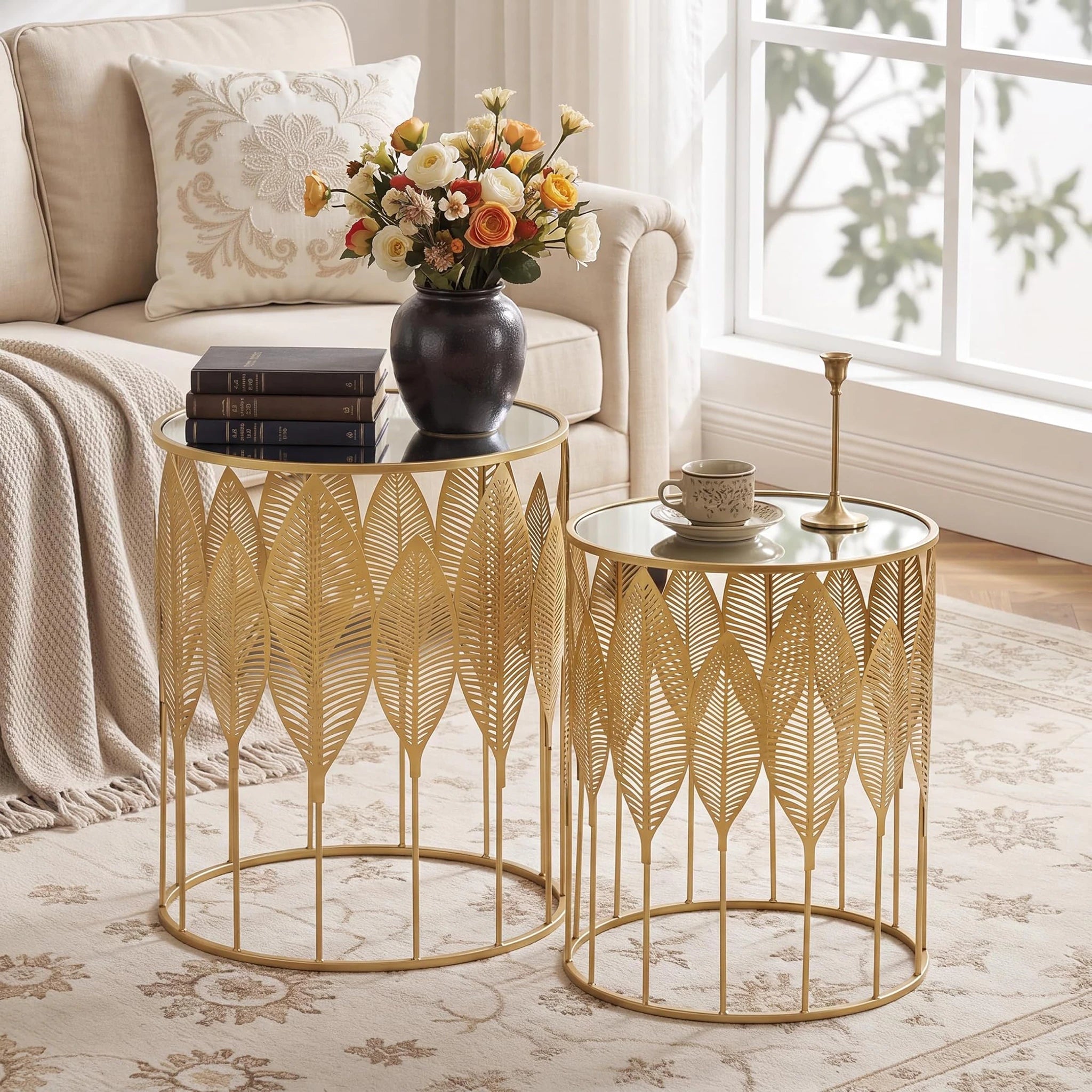 Homebeez Gold Leaf Round Metal Nesting Tables, Set of 2 – styled home scene