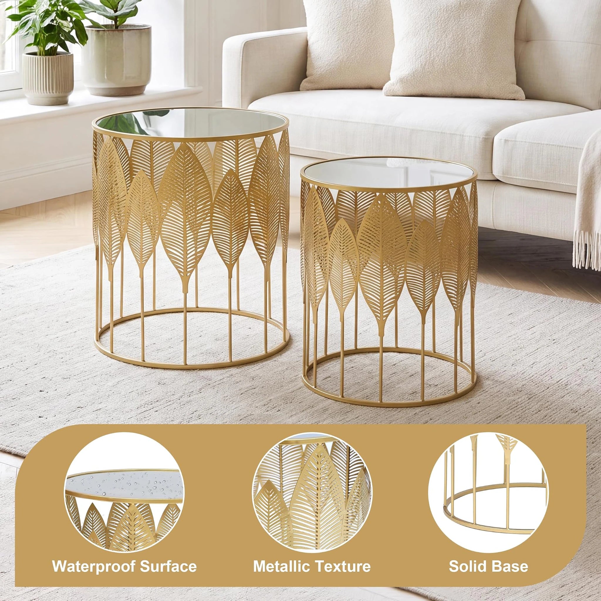 Homebeez Gold Leaf Round Metal Nesting Tables, Set of 2 – detail and materials view