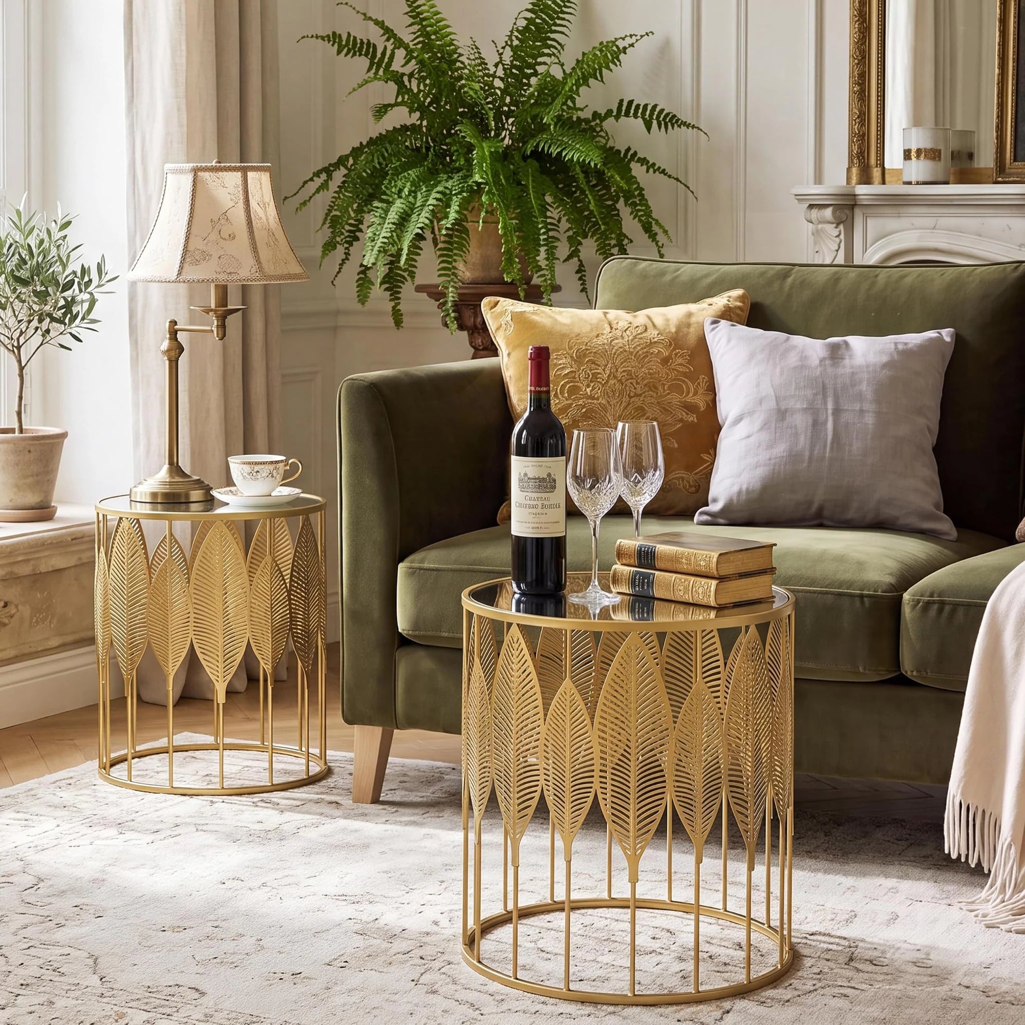 Homebeez Gold Leaf Round Metal Nesting Tables, Set of 2 – lifestyle room view