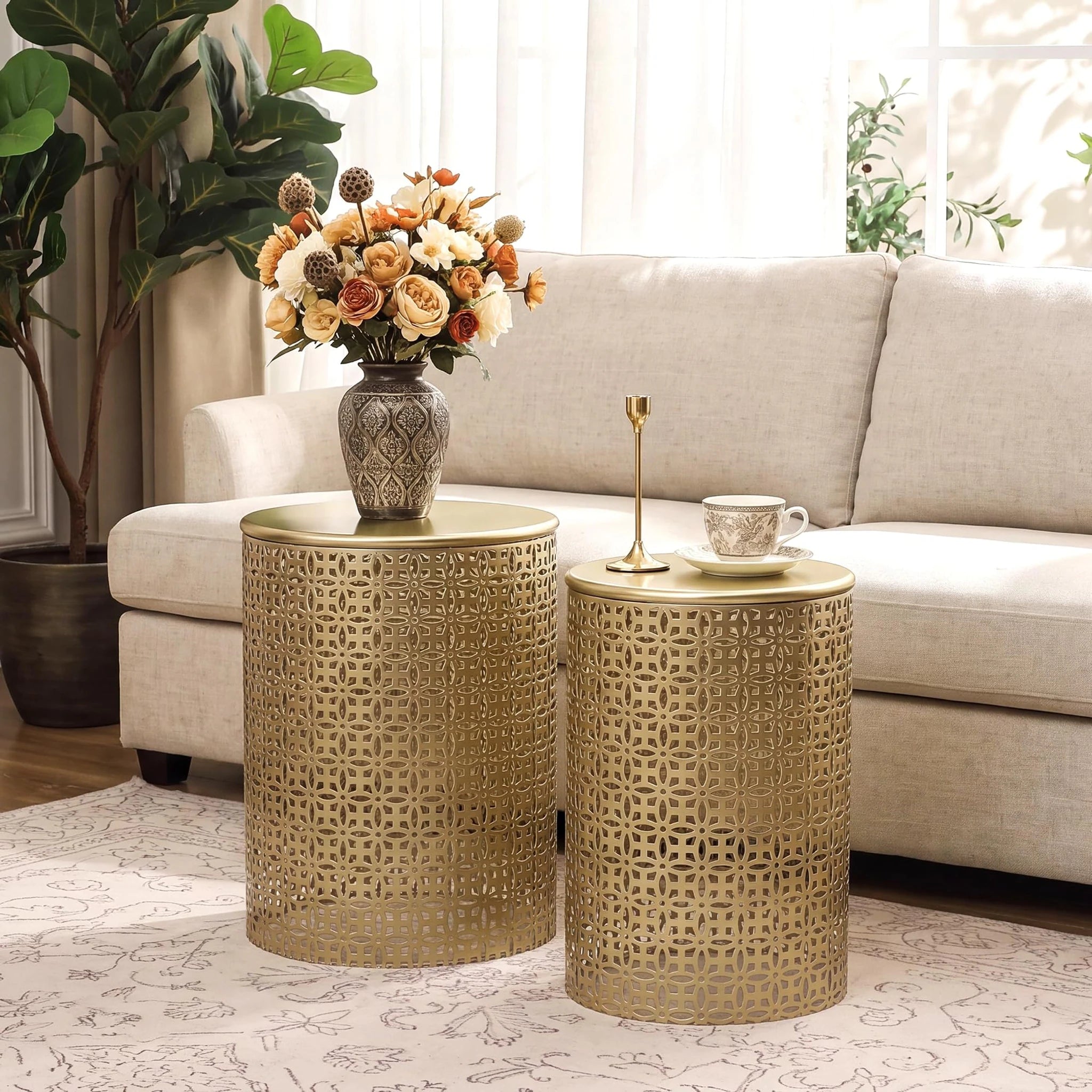 Homebeez Gold Round Metal Nesting Tables, Set of 2 – styled home scene