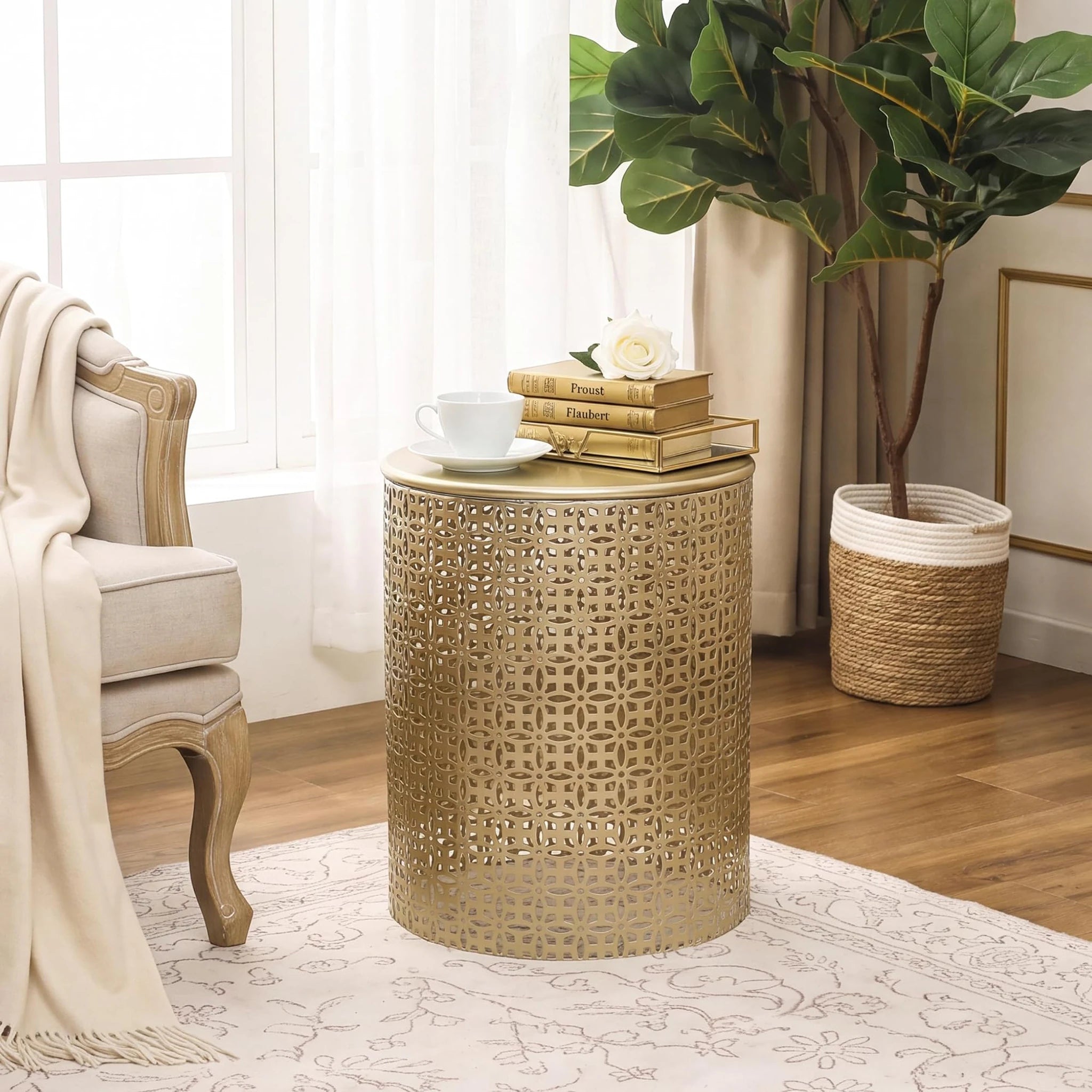 Homebeez Gold Round Metal Nesting Tables, Set of 2 – lifestyle room view