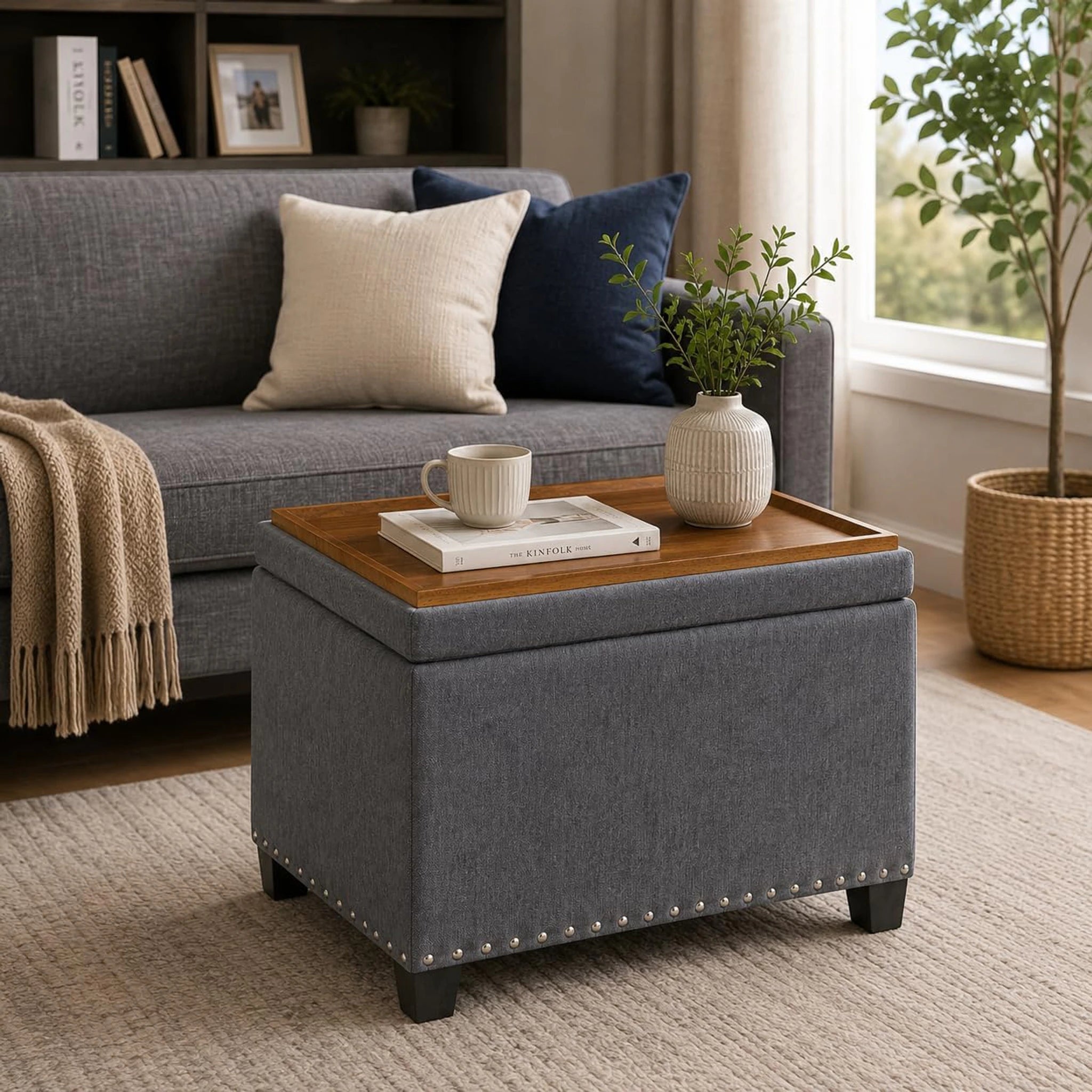 Homebeez Gray Tray-Top Tufted Faux Leather Storage Ottoman – styled home scene