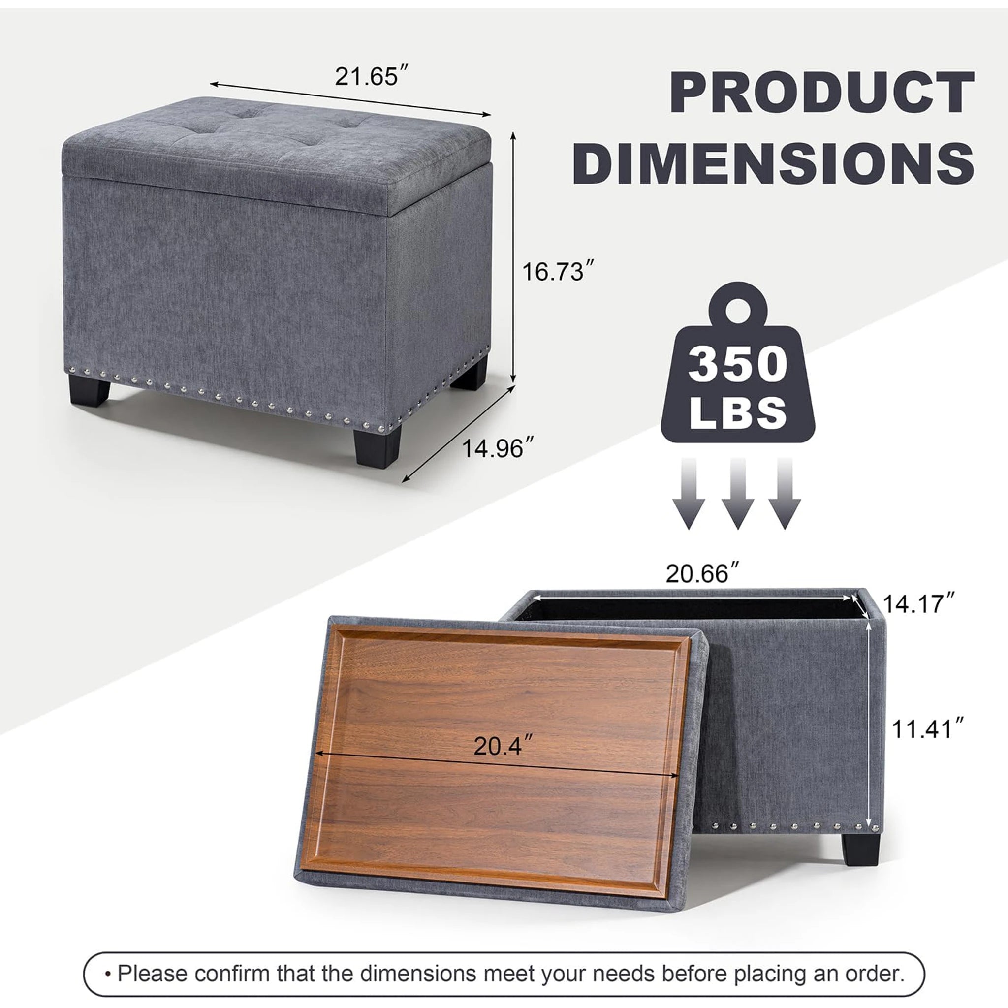Homebeez Gray Tray-Top Tufted Faux Leather Storage Ottoman – dimensions chart
