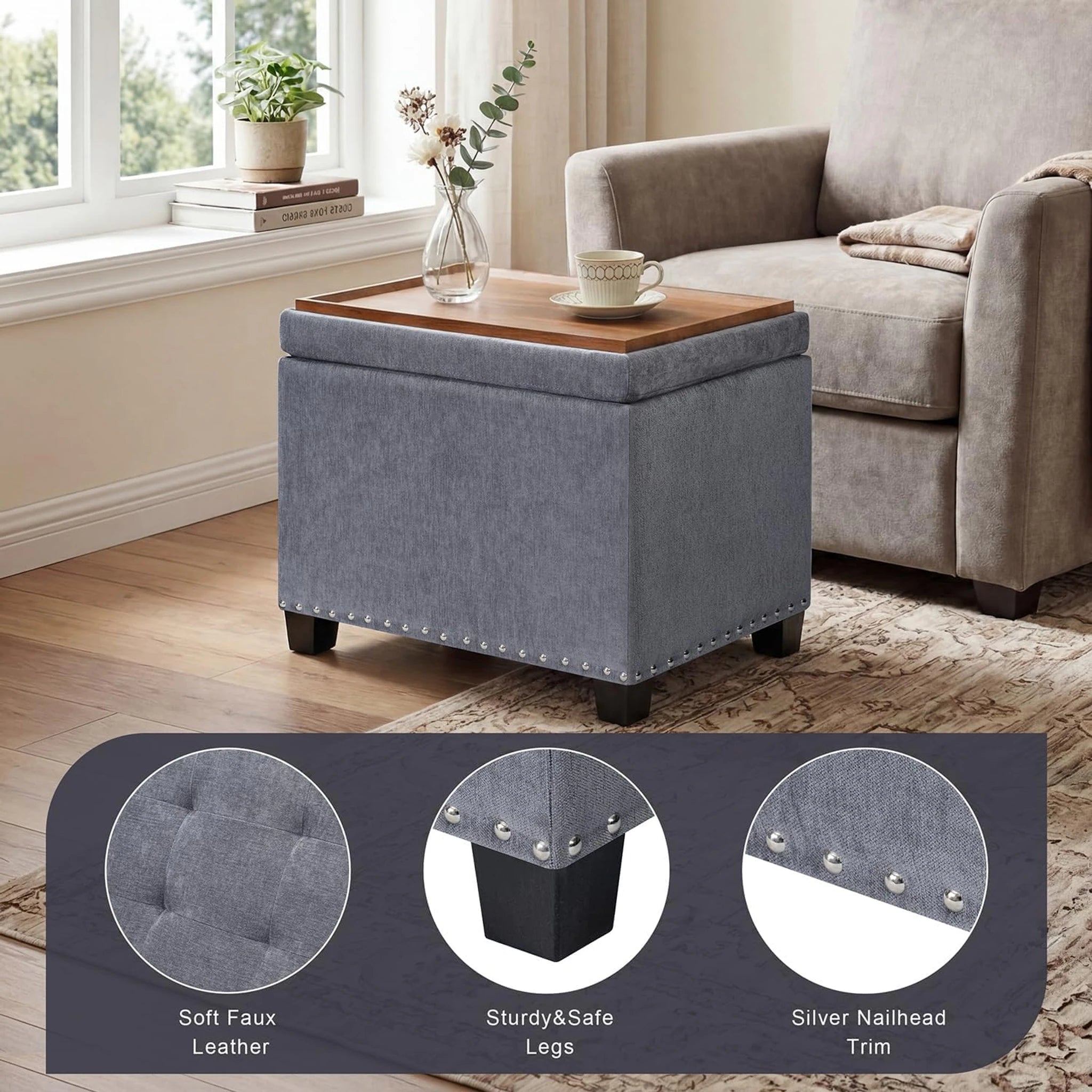 Homebeez Gray Tray-Top Tufted Faux Leather Storage Ottoman – detail and materials view