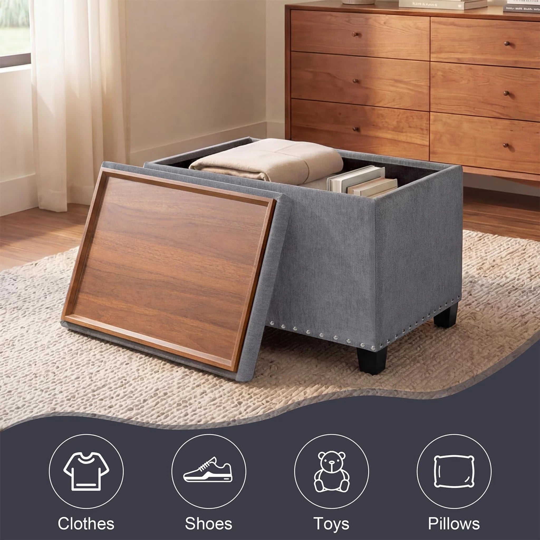 Homebeez Gray Tray-Top Tufted Faux Leather Storage Ottoman – lifestyle room view