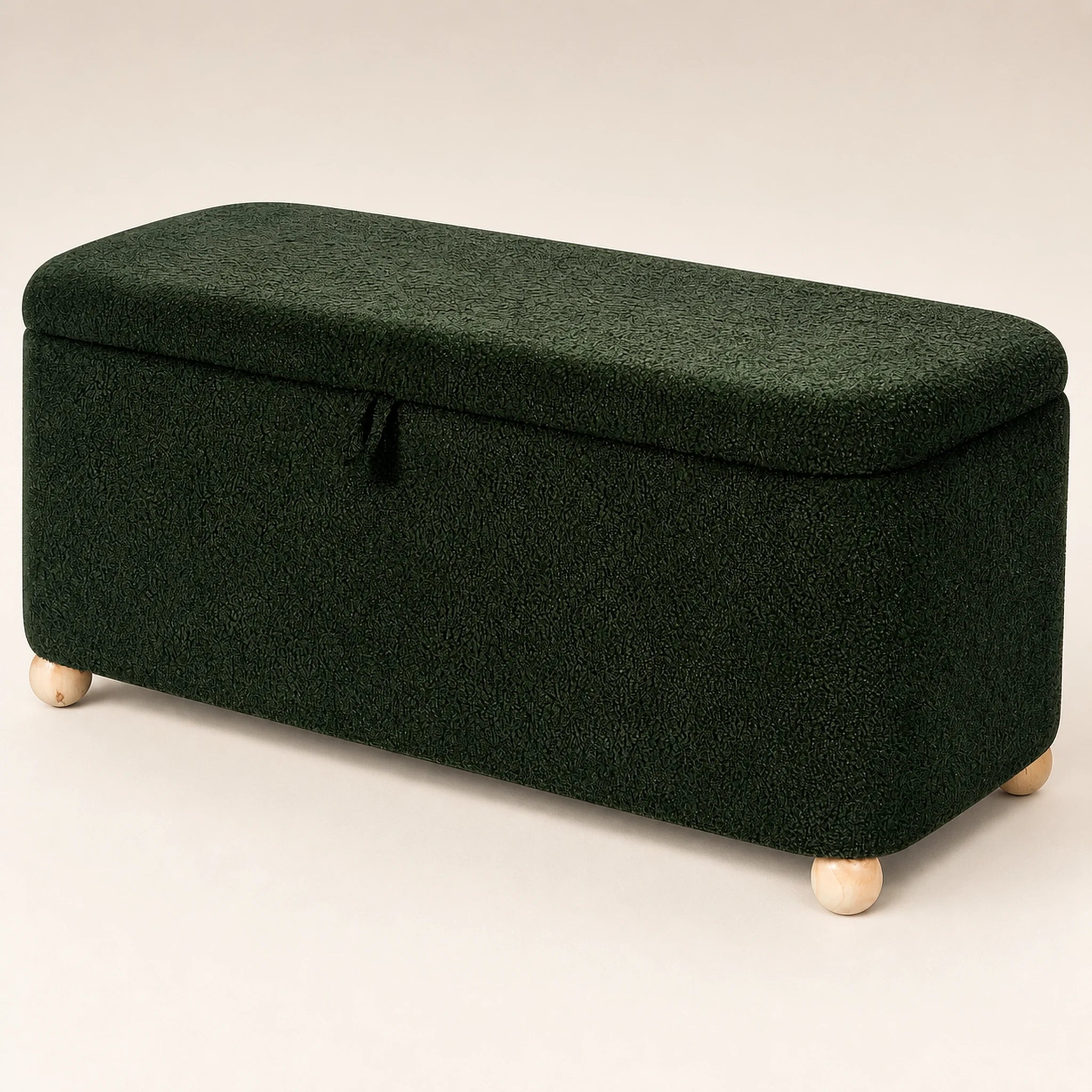 Beringia Green boucle 39-inch storage ottoman – warm studio front view